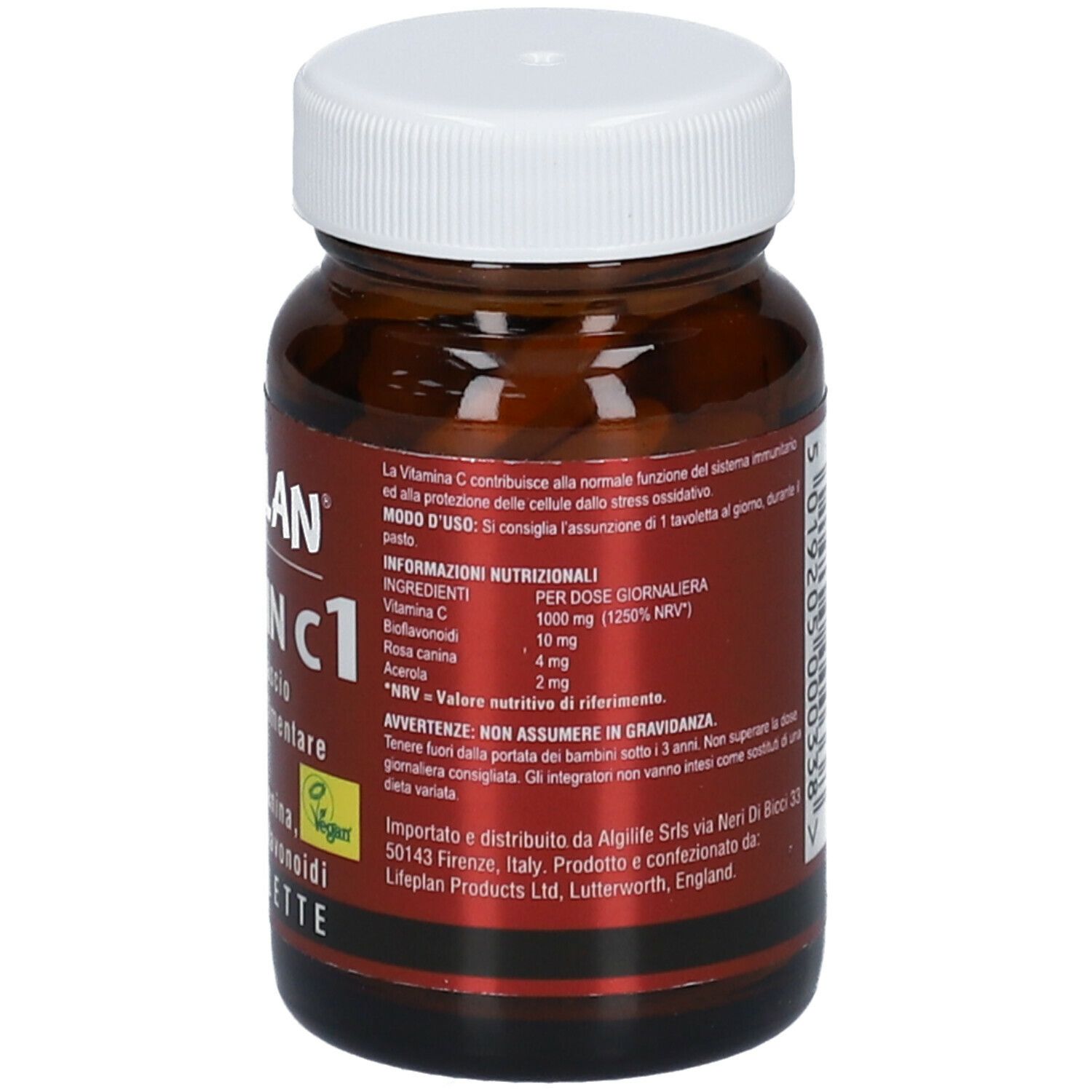 Flacone di vetro marrone con tappo bianco. Etichetta con informazioni nutrizionali e avvertenze. Vegano.