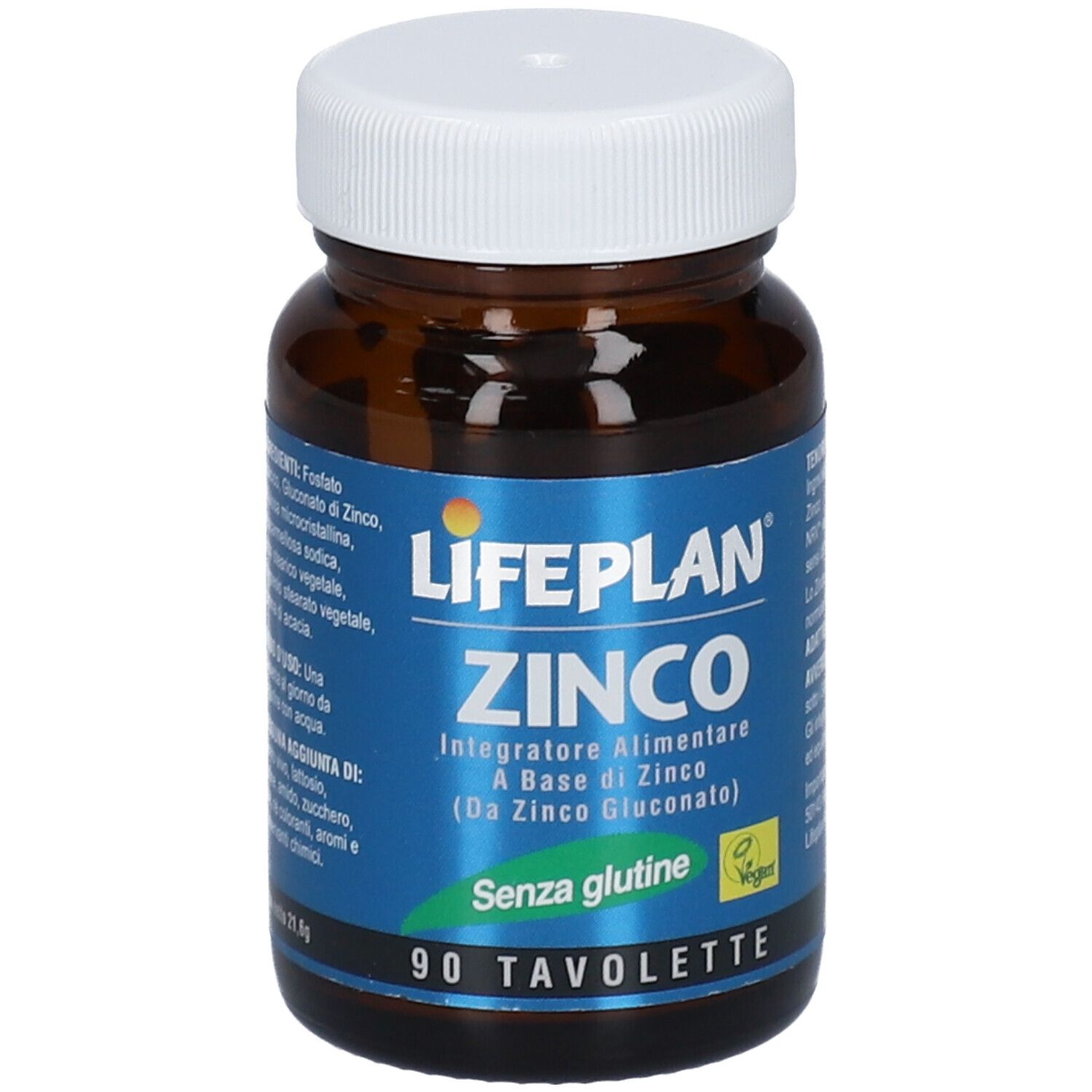 Flacone di vetro marrone con tappo bianco. Etichetta LIFEPLAN ZINCO, 90 compresse, senza glutine e vegano.