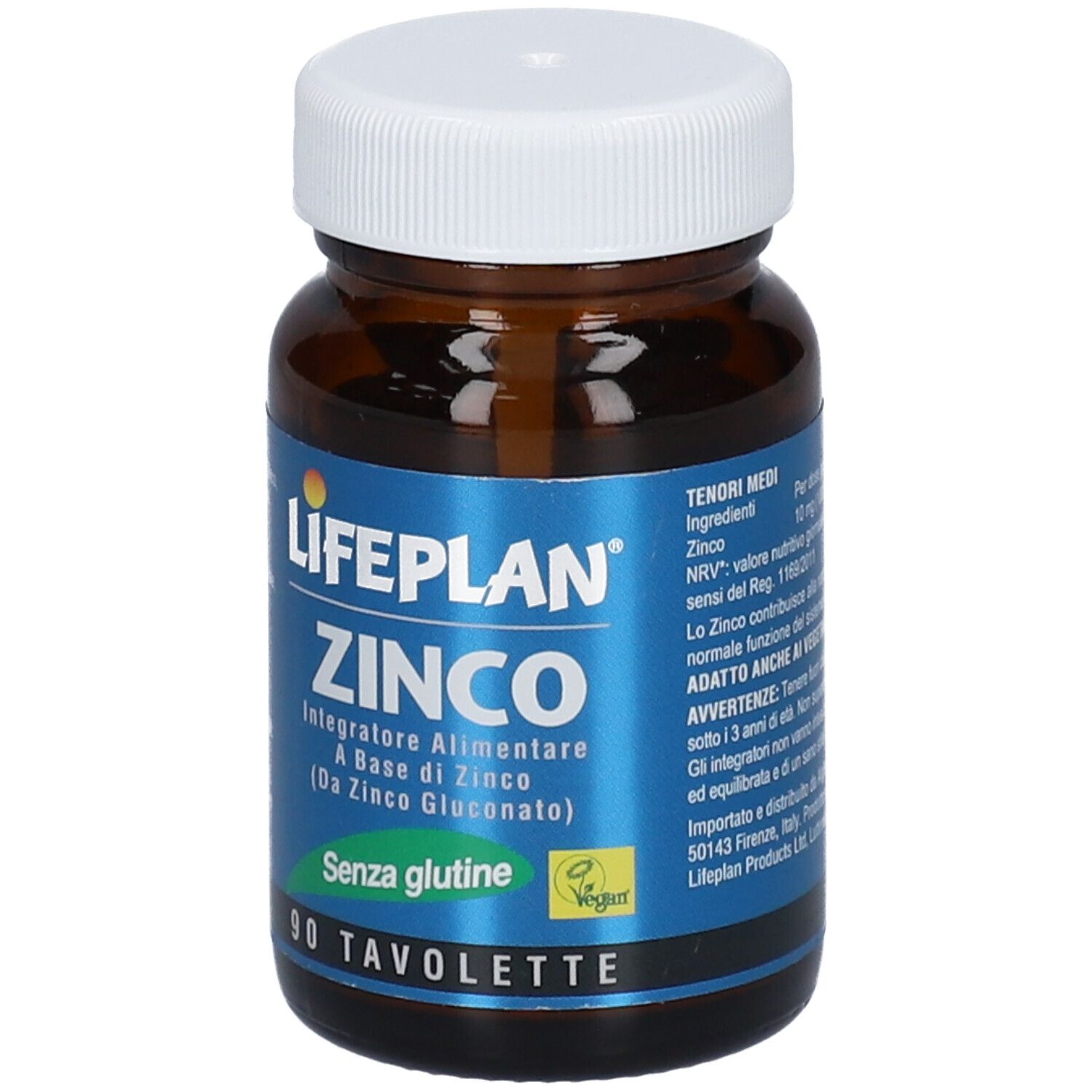 Flacone di vetro marrone con tappo bianco. Etichetta LIFEPLAN ZINCO, 90 compresse, senza glutine e vegano.