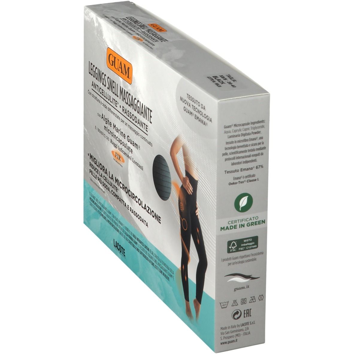 Confezione GUAM® Leggings Snell Massaggiante. Scatola con informazioni sul prodotto. Contiene certificazione e testo. Vista laterale.