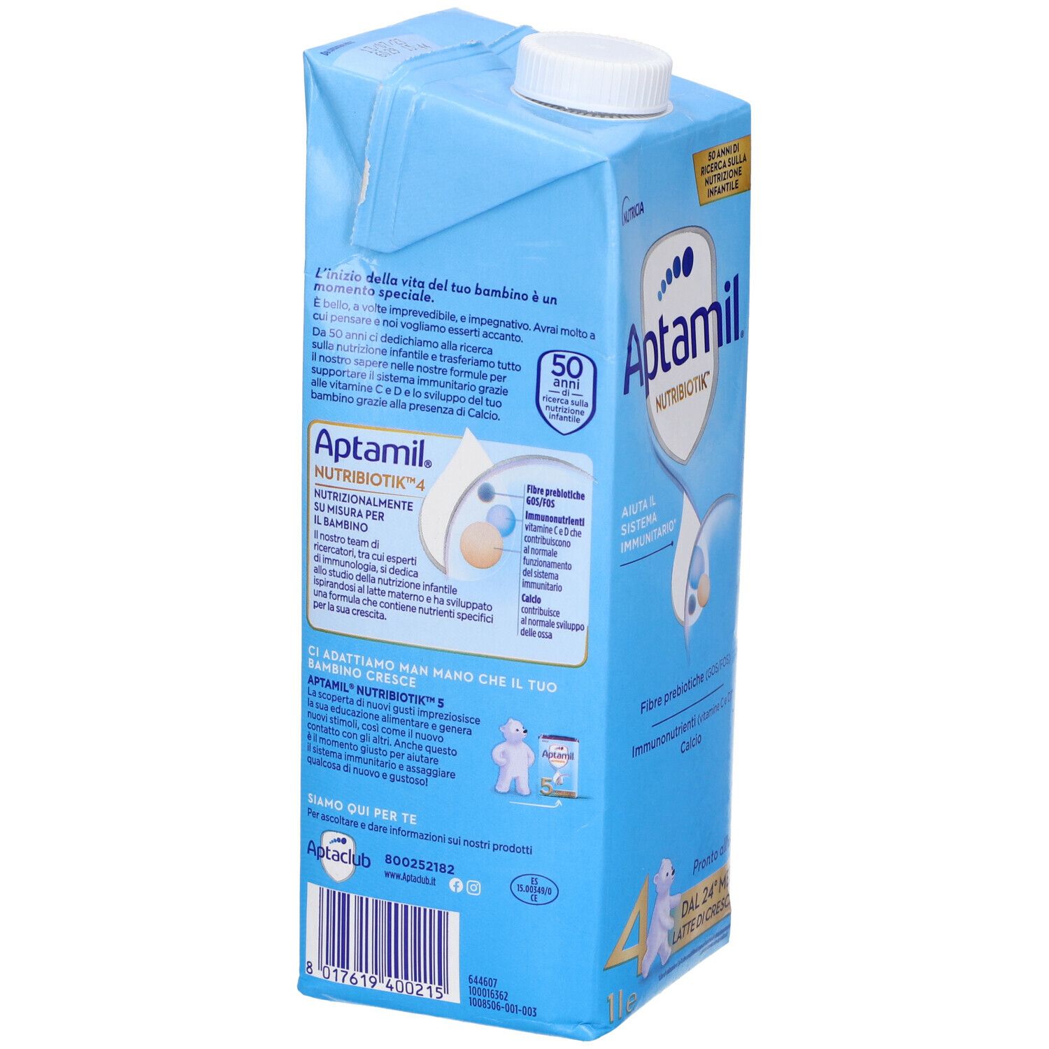 Confezione Aptamil azzurra. Scritta Aptamil, Nutribiotik, 4, 1l. Contiene fibre prebiotiche, immunonutrienti e calcio. Per bambini dai 2 anni.