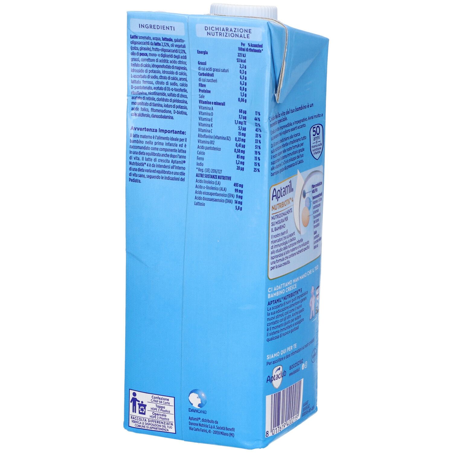 Confezione Aptamil azzurra. Scritta Aptamil, Nutribiotik, 4, 1l. Contiene fibre prebiotiche, immunonutrienti e calcio. Per bambini dai 2 anni.