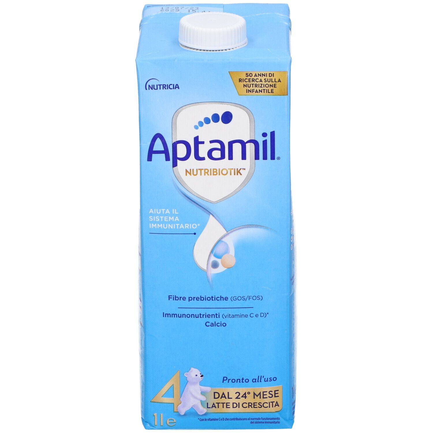 Confezione Aptamil azzurra. Scritta Aptamil, Nutribiotik, 4, 1l. Contiene fibre prebiotiche, immunonutrienti e calcio. Per bambini dai 2 anni.