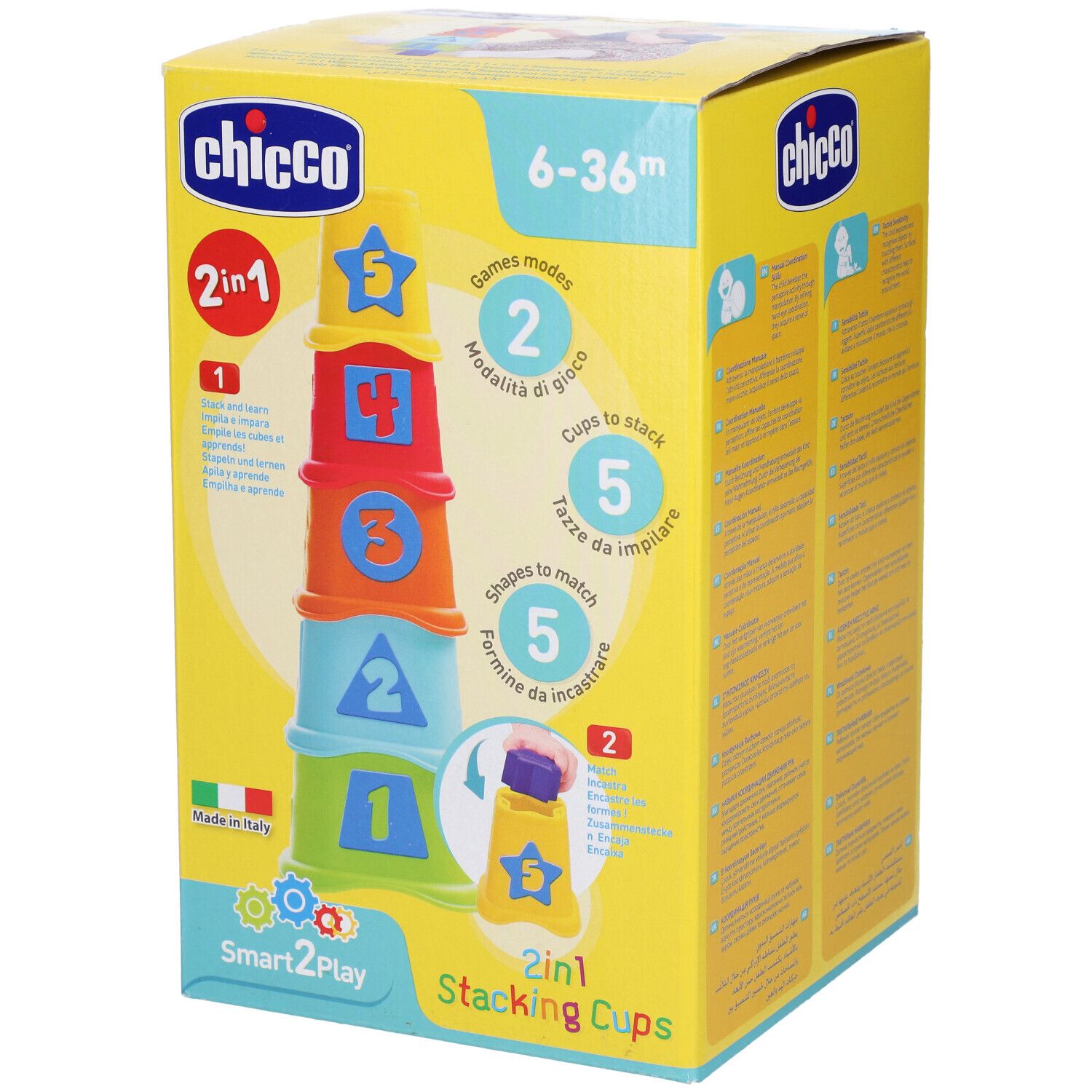 Confezione di tazze impilabili. Per bambini da 6 a 36 mesi. Contiene 5 tazze da impilare e 5 forme da abbinare.