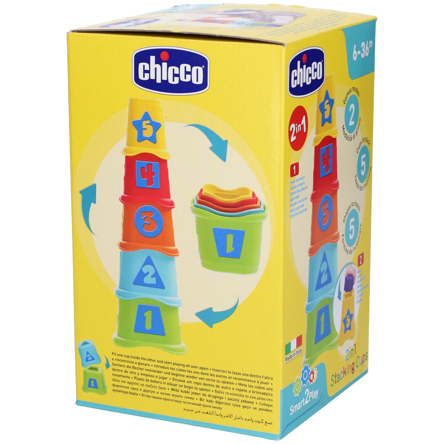 Confezione di tazze impilabili. Per bambini da 6 a 36 mesi. Contiene 5 tazze da impilare e 5 forme da abbinare.