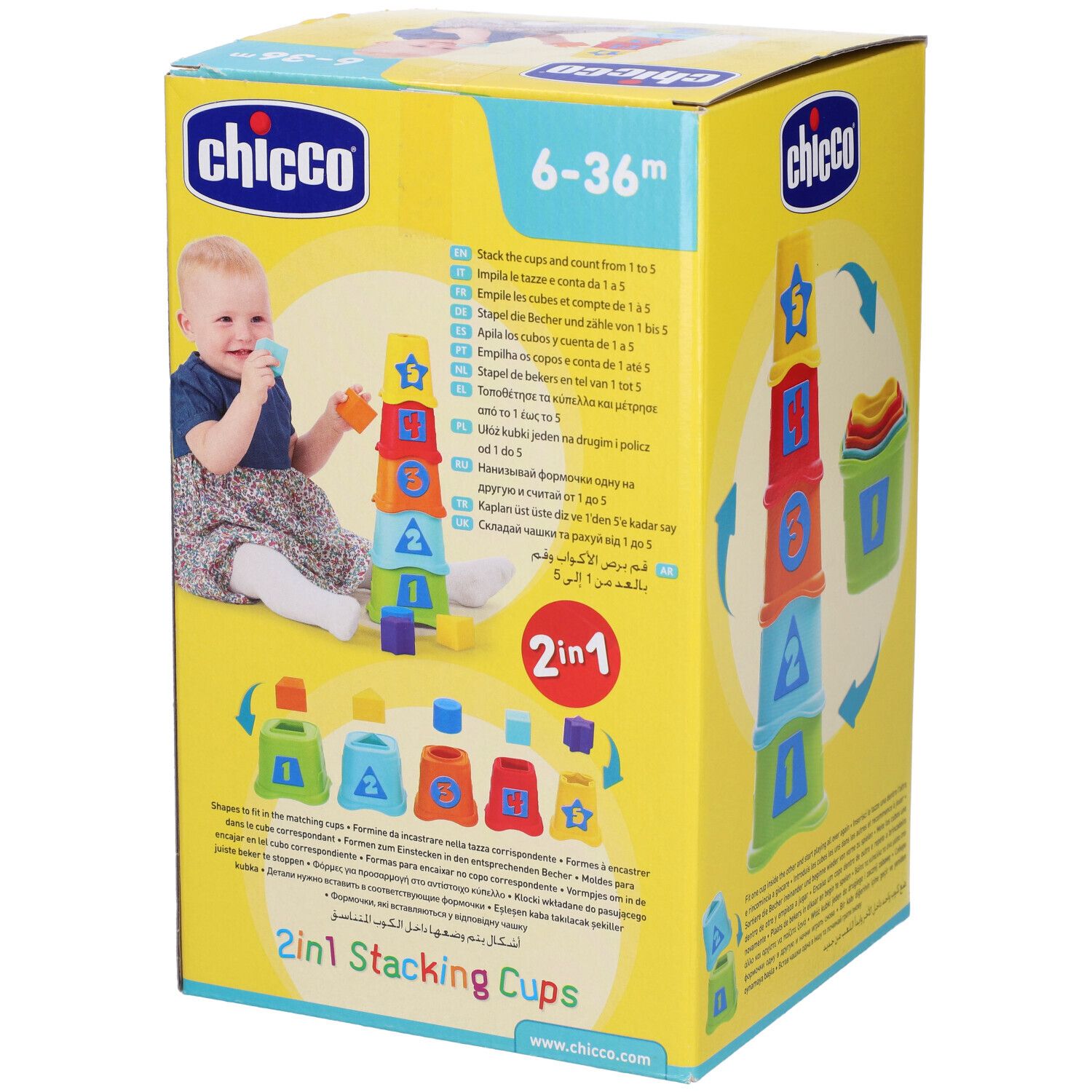 Confezione di tazze impilabili. Per bambini da 6 a 36 mesi. Contiene 5 tazze da impilare e 5 forme da abbinare.