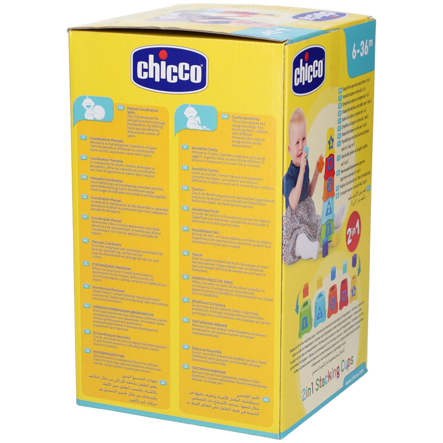 Confezione di tazze impilabili. Per bambini da 6 a 36 mesi. Contiene 5 tazze da impilare e 5 forme da abbinare.
