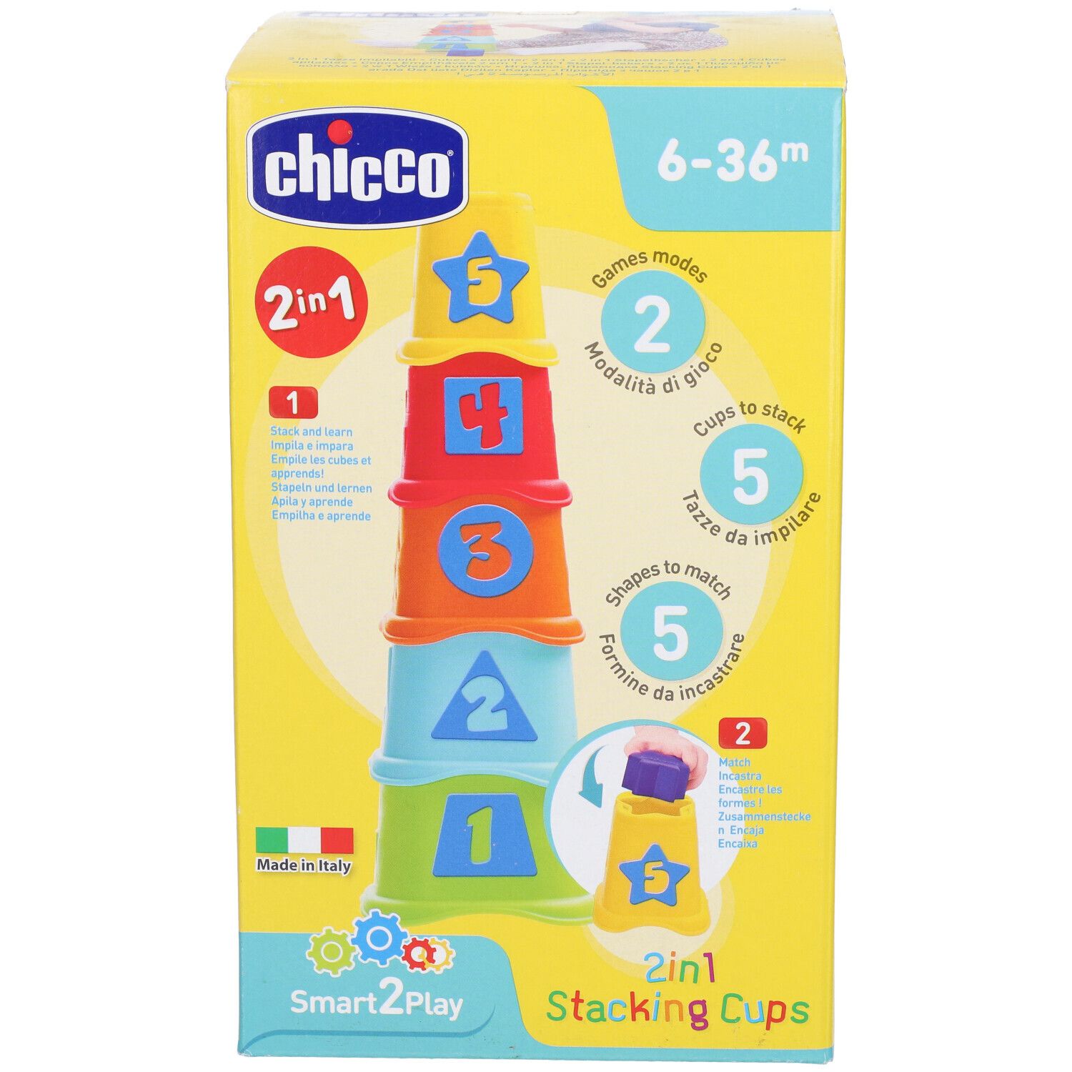 Confezione di tazze impilabili. Per bambini da 6 a 36 mesi. Contiene 5 tazze da impilare e 5 forme da abbinare.