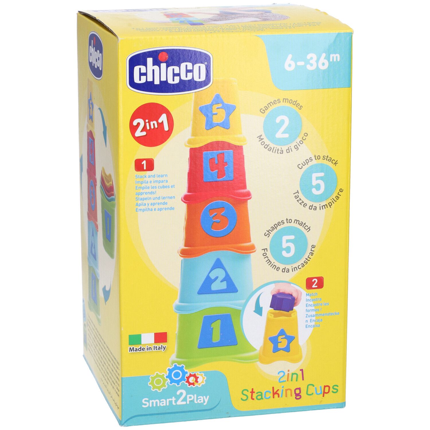 Confezione di tazze impilabili. Per bambini da 6 a 36 mesi. Contiene 5 tazze da impilare e 5 forme da abbinare.