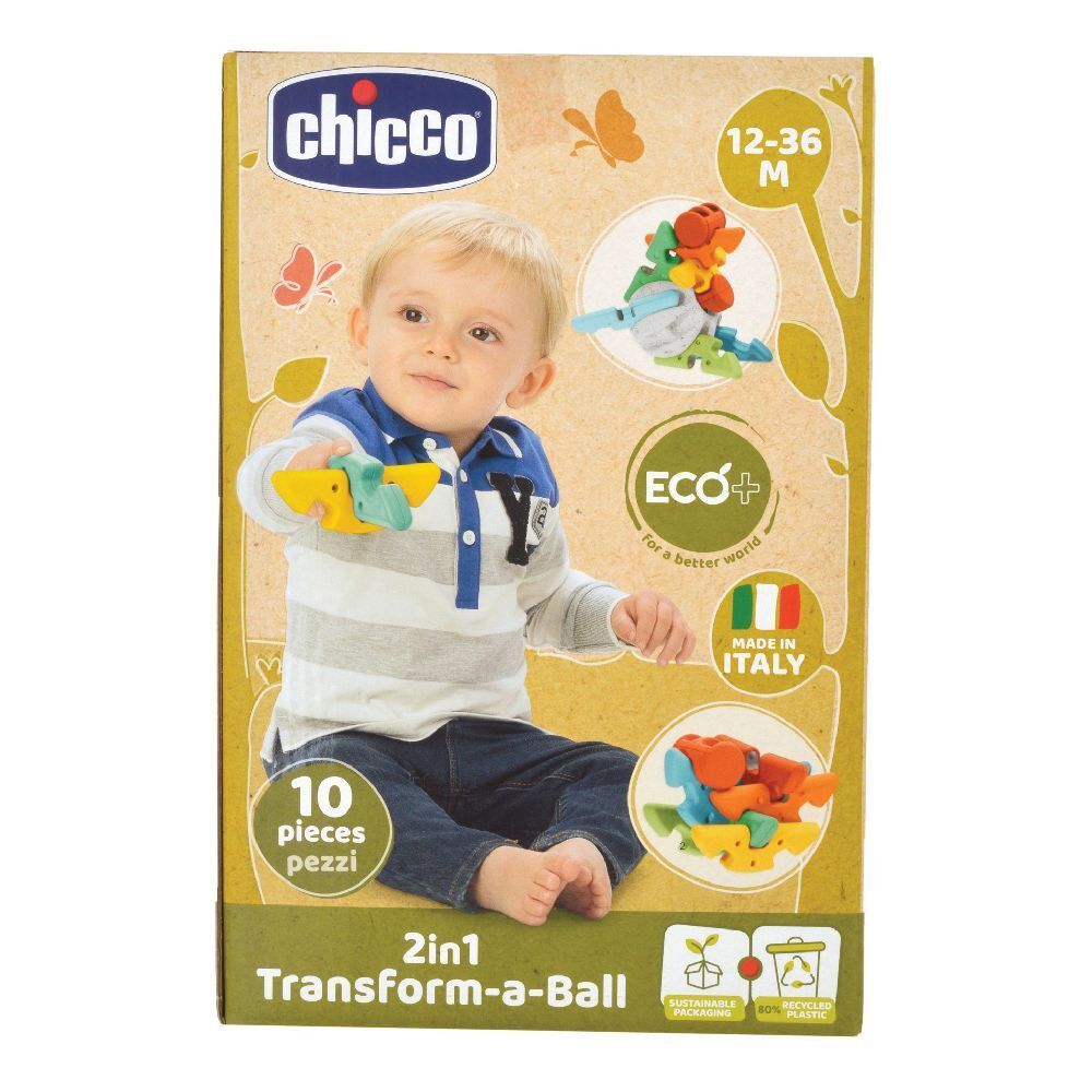 Confezione del prodotto "Chicco Gioco 2 In 1 Transform A Ball". Contiene 10 pezzi. Età consigliata: 12-36 mesi. Prodotto in Italia.