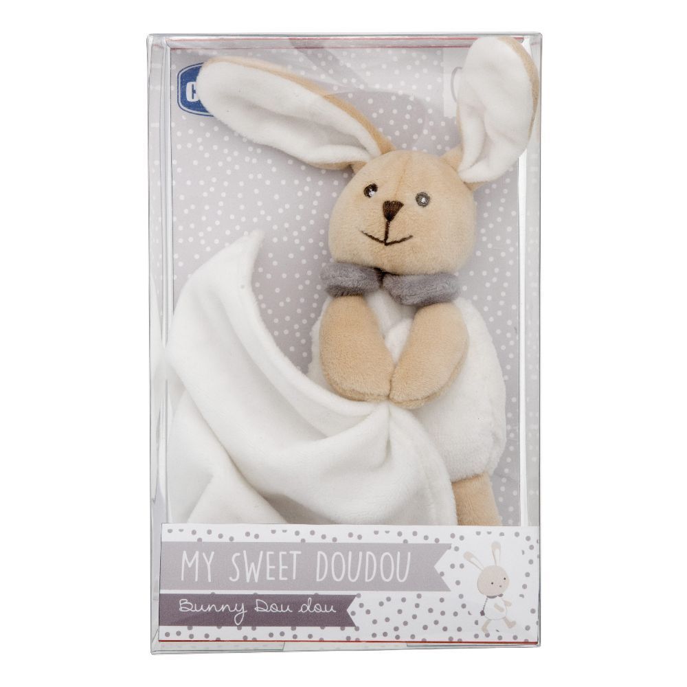 Coniglietto di stoffa beige con tessuto bianco, confezionato. Scritta: MY SWEET DOUDOU.