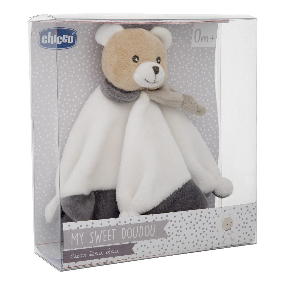 Chicco Dou Dou Orsetto in confezione. Orsetto beige e bianco con sciarpa e panno grigio. Confezione con logo e testo.