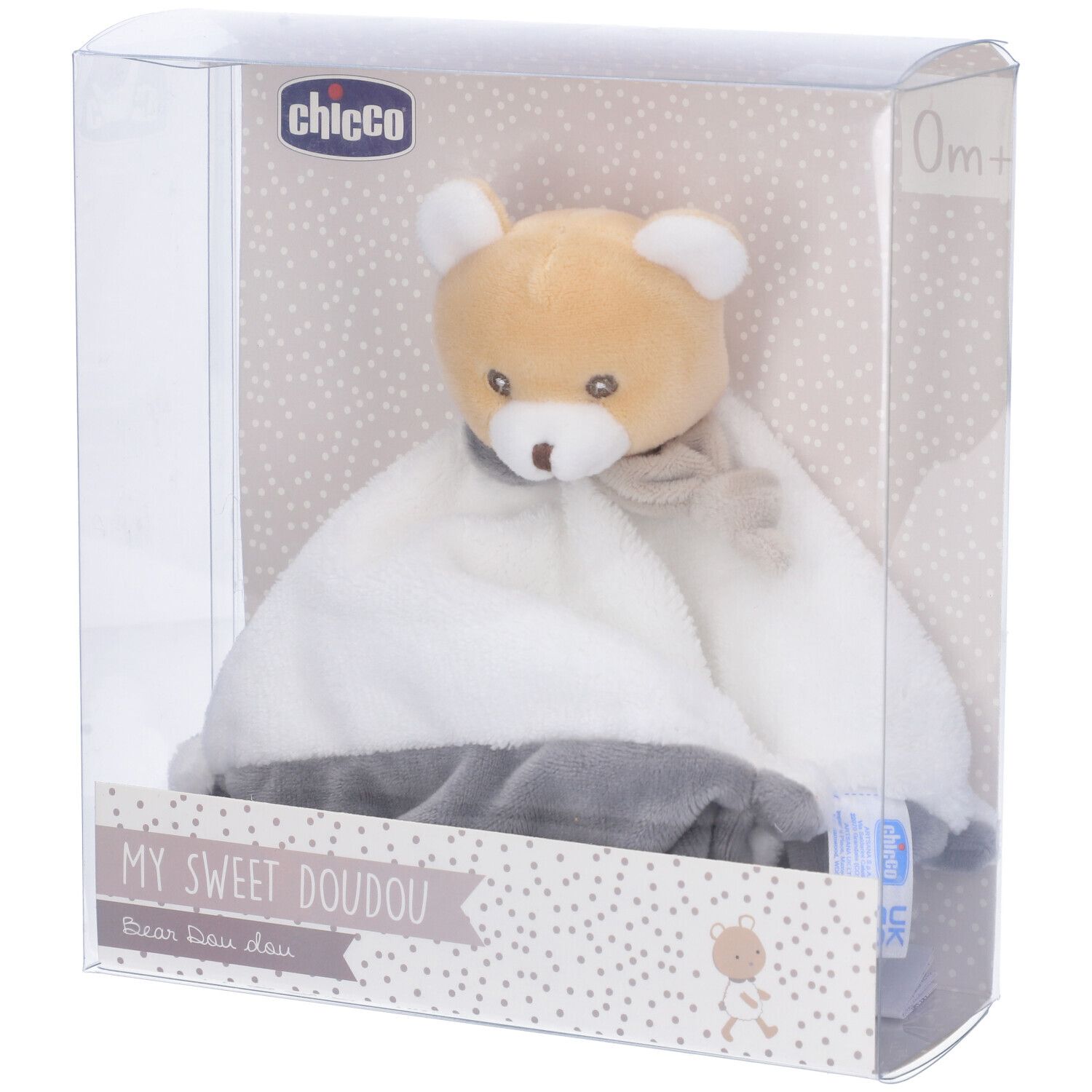 Chicco Dou Dou Orsetto in confezione. Orsetto con panno bianco e orlo grigio. Confezione con logo e testo.