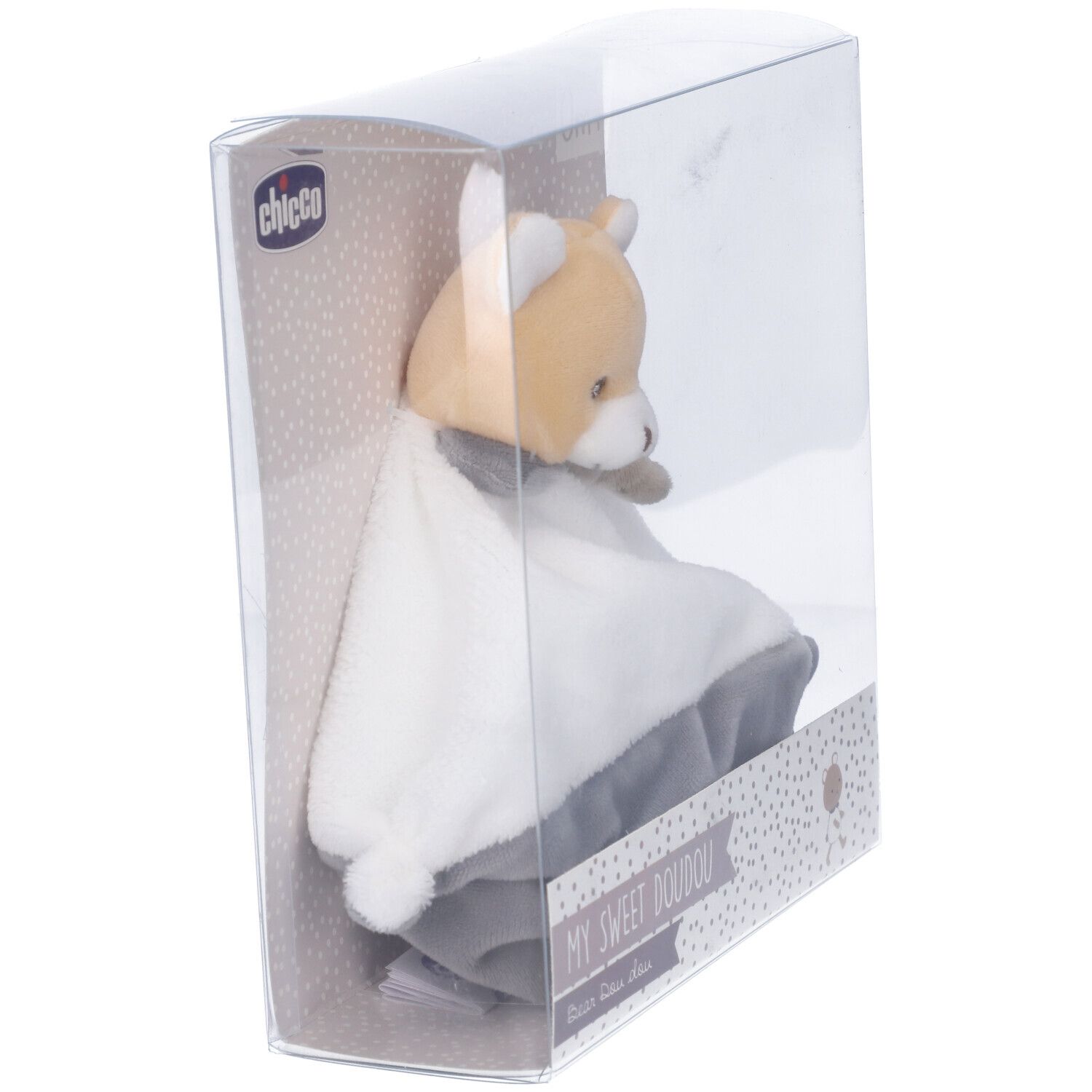 Chicco Dou Dou Orsetto in confezione. Orsetto con panno bianco e orlo grigio. Confezione con logo e testo.