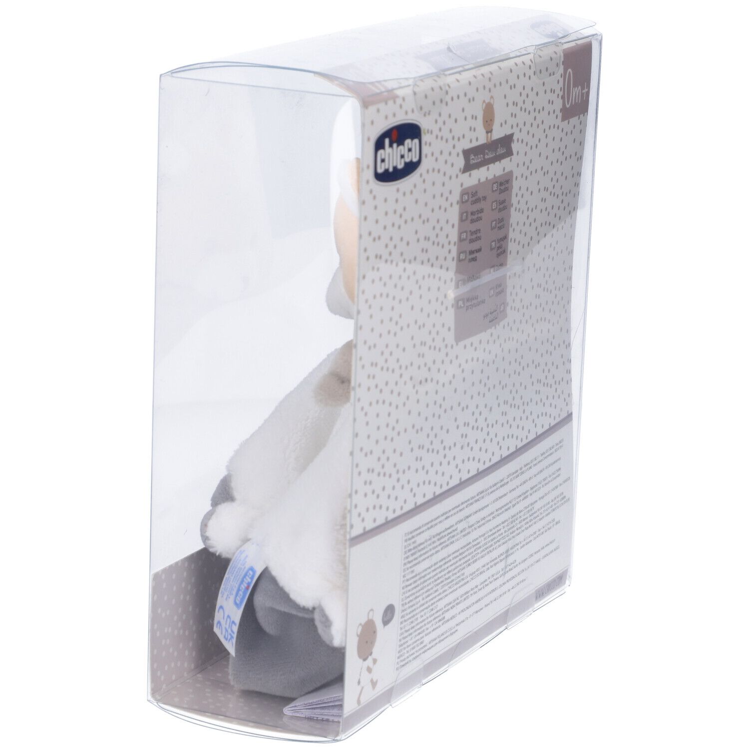 Chicco Dou Dou Orsetto in confezione. Orsetto con panno bianco e orlo grigio. Confezione con logo e testo.