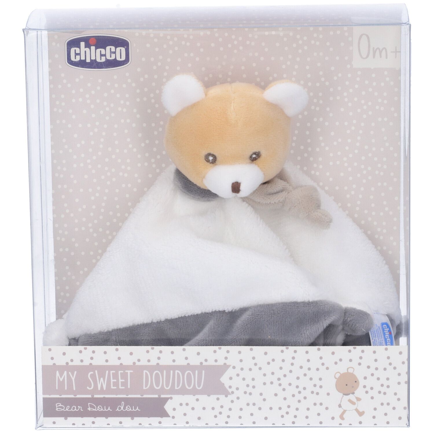 Chicco Dou Dou Orsetto in confezione. Orsetto con panno bianco e orlo grigio. Confezione con logo e testo.