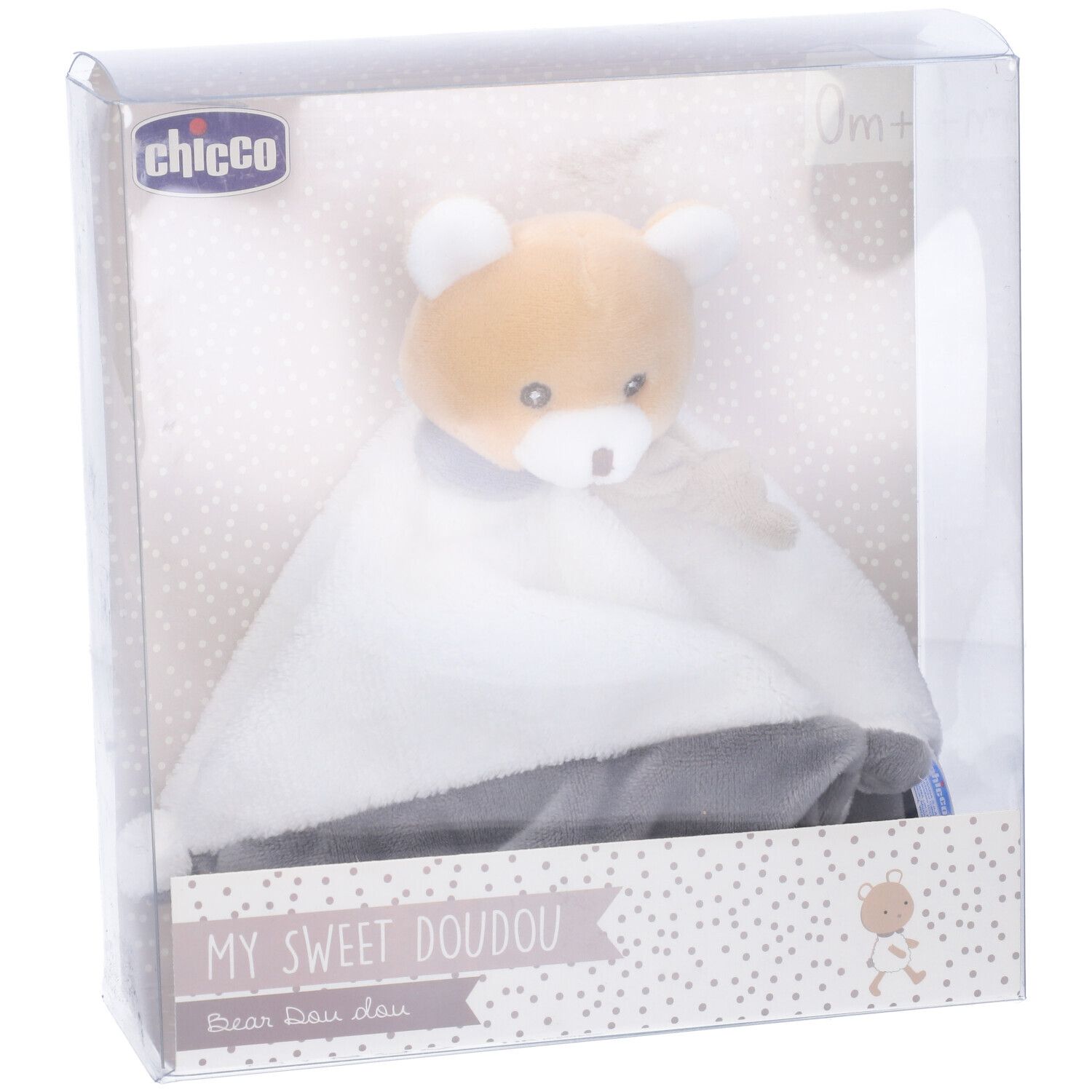 Chicco Dou Dou Orsetto in confezione. Orsetto con panno bianco e orlo grigio. Confezione con logo e testo.