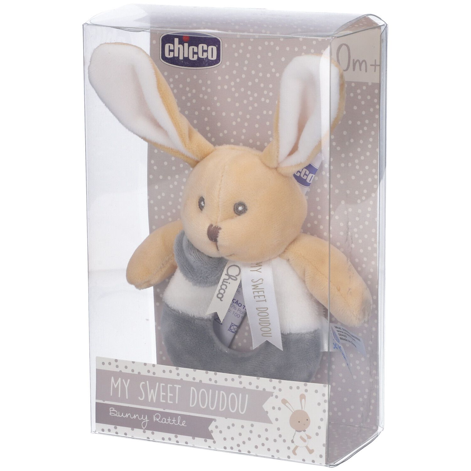 Sonaglio Chicco a forma di coniglio, confezionato. Beige, grigio e bianco. Con nastro e scritta.