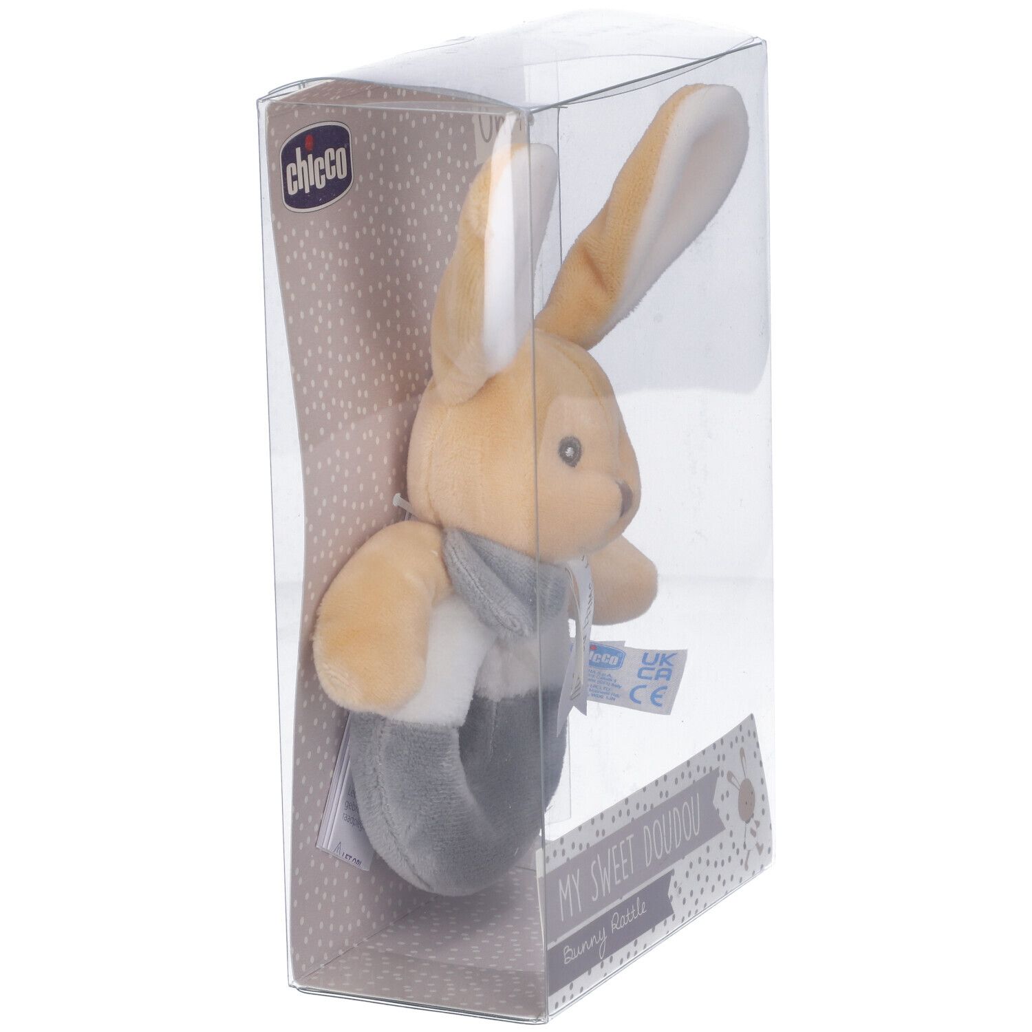 Sonaglio Chicco a forma di coniglio, confezionato. Beige, grigio e bianco. Con nastro e scritta.