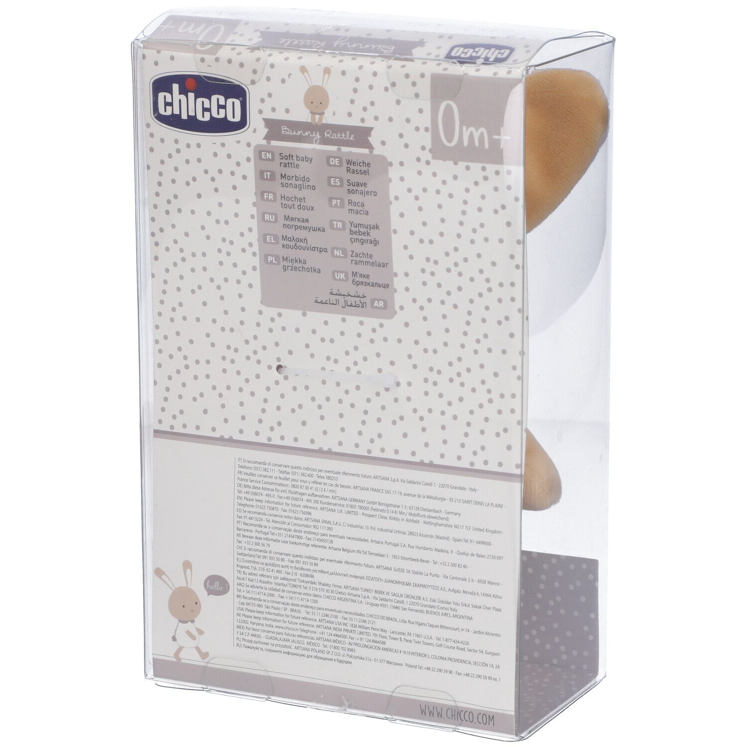 Sonaglio Chicco a forma di coniglio, confezionato. Beige, grigio e bianco. Retro confezione con testo.