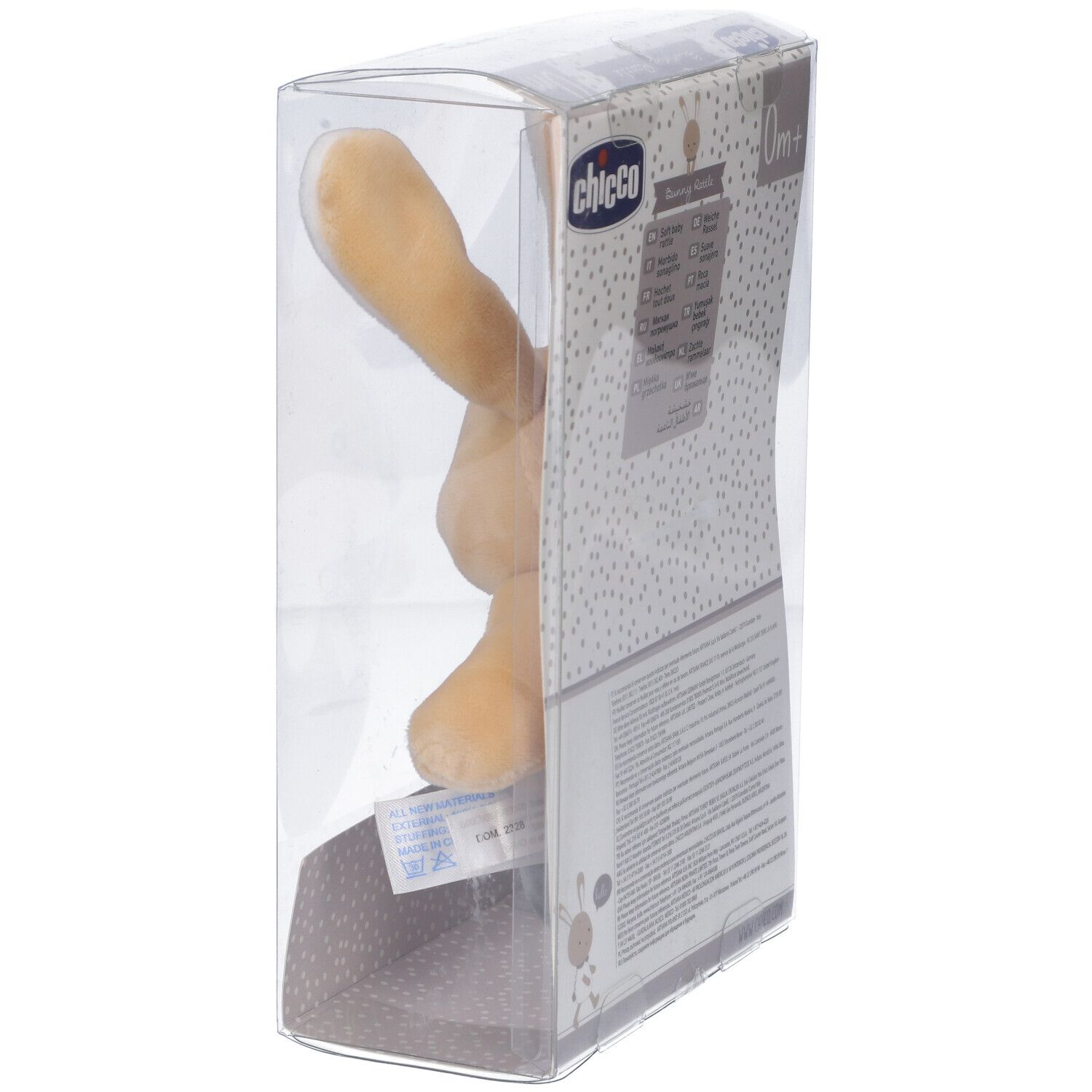 Sonaglio Chicco a forma di coniglio, confezionato. Beige, grigio e bianco. Retro confezione.