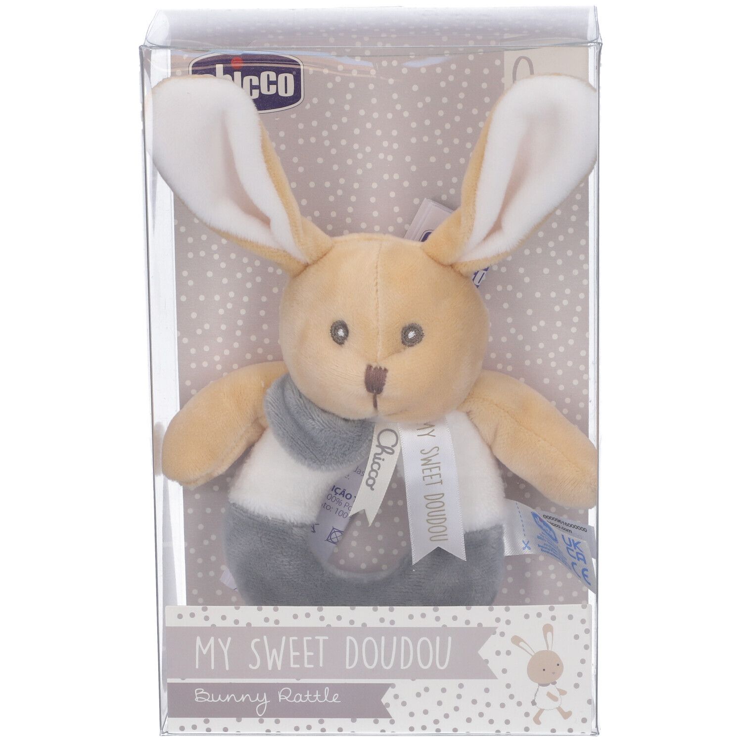 Sonaglio Chicco a forma di coniglio, confezionato. Beige, grigio e bianco. Con nastro e scritta.