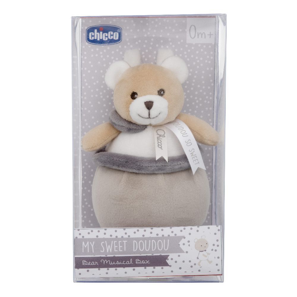 Orsetto Chicco in confezione. Peluche beige e grigio con fiocco. Confezione con scritta "My Sweet Doudou".