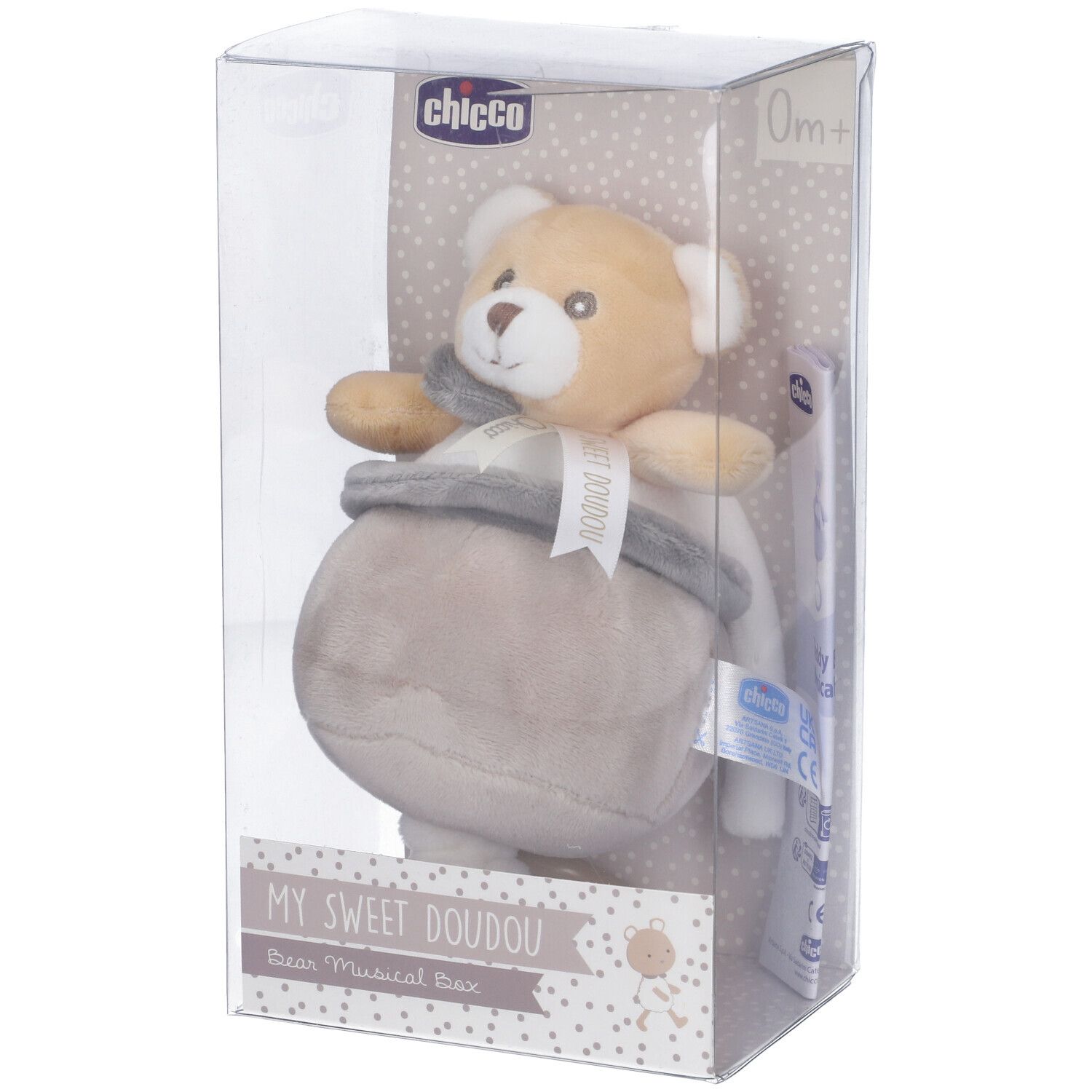 Orsetto Chicco in confezione. Peluche beige e grigio con fiocco. Confezione con scritta "My Sweet Doudou".