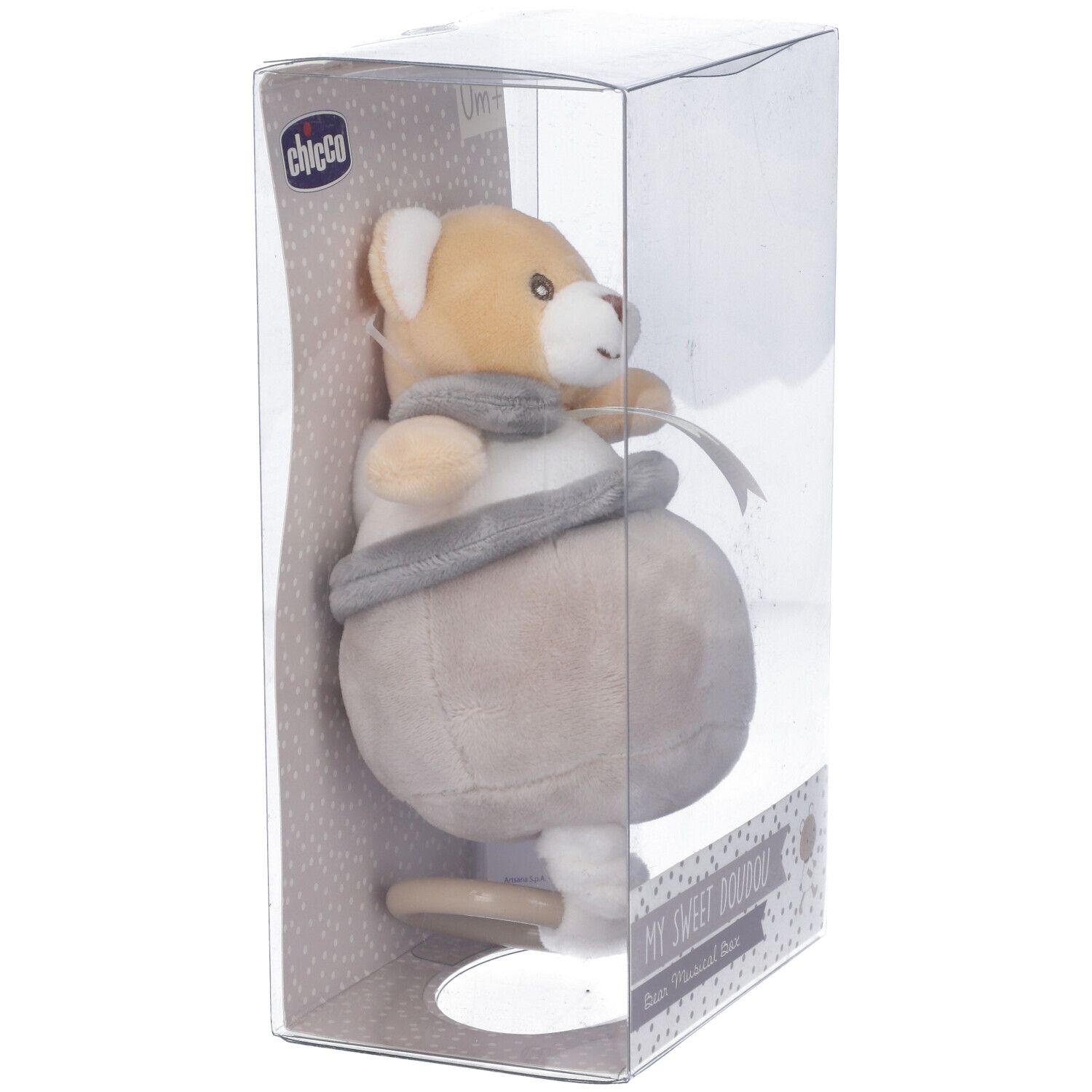 Orsetto Chicco in confezione. Peluche beige e grigio con fiocco. Confezione con scritta "My Sweet Doudou".