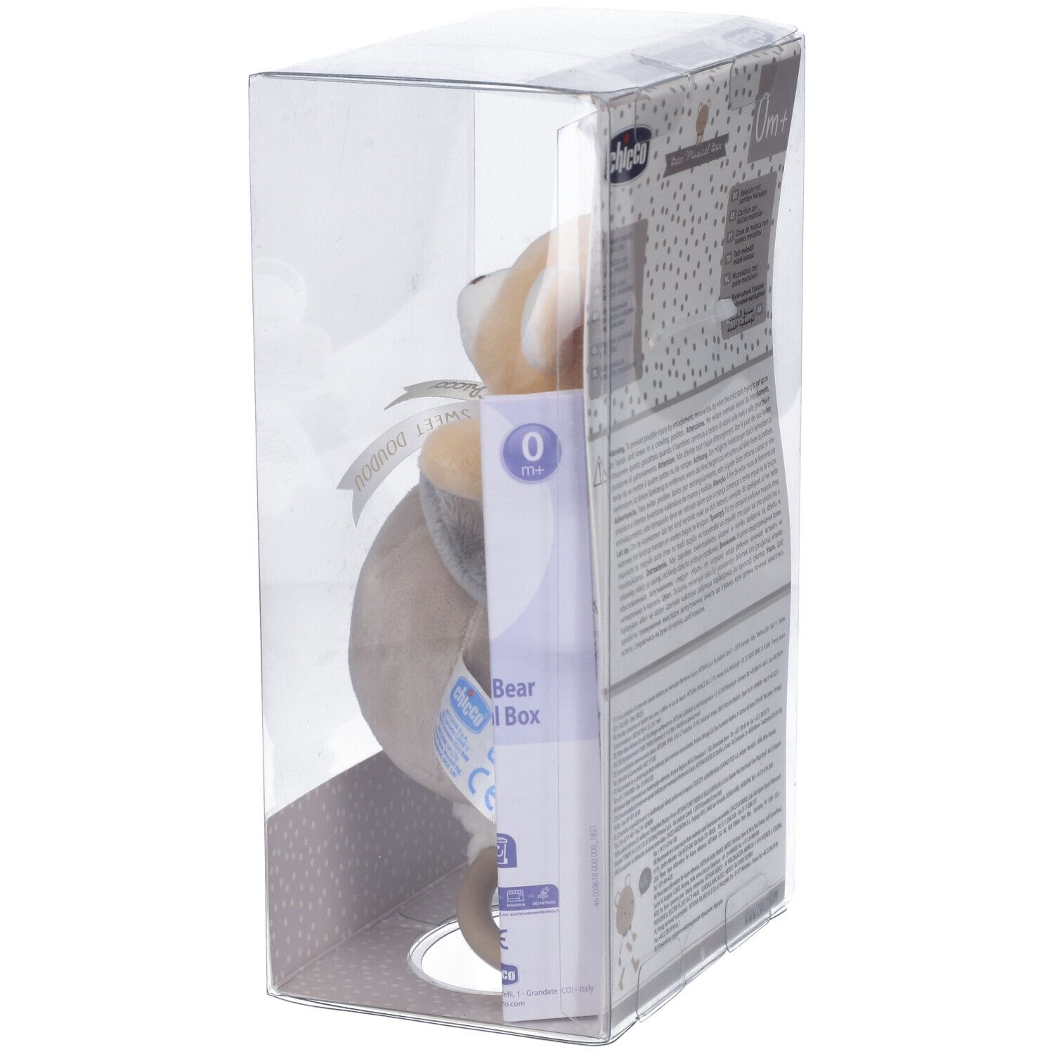 Orsetto Chicco in confezione. Peluche beige e grigio con fiocco. Confezione con scritta "My Sweet Doudou".