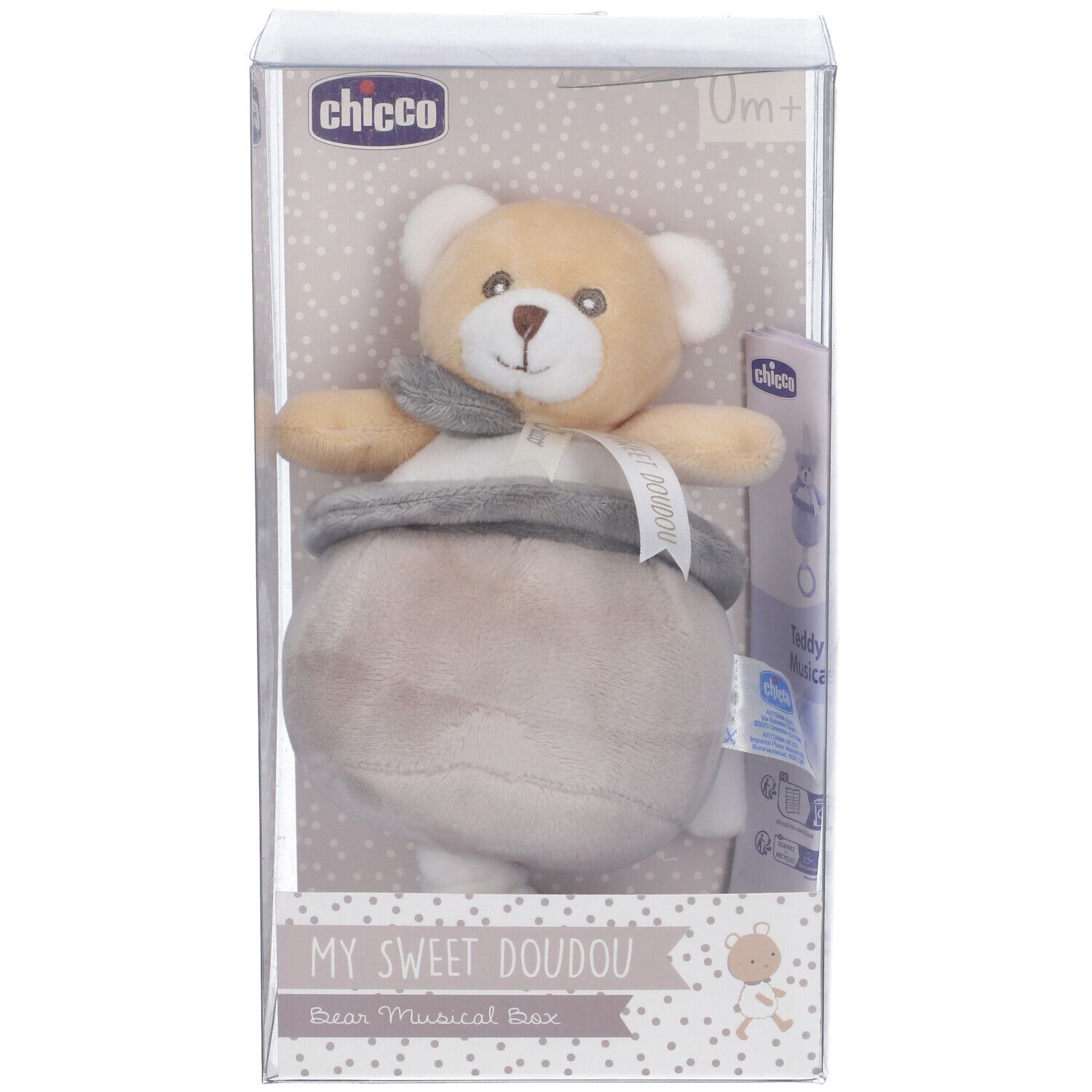 Orsetto Chicco in confezione. Peluche beige e grigio con fiocco. Confezione con scritta "My Sweet Doudou".