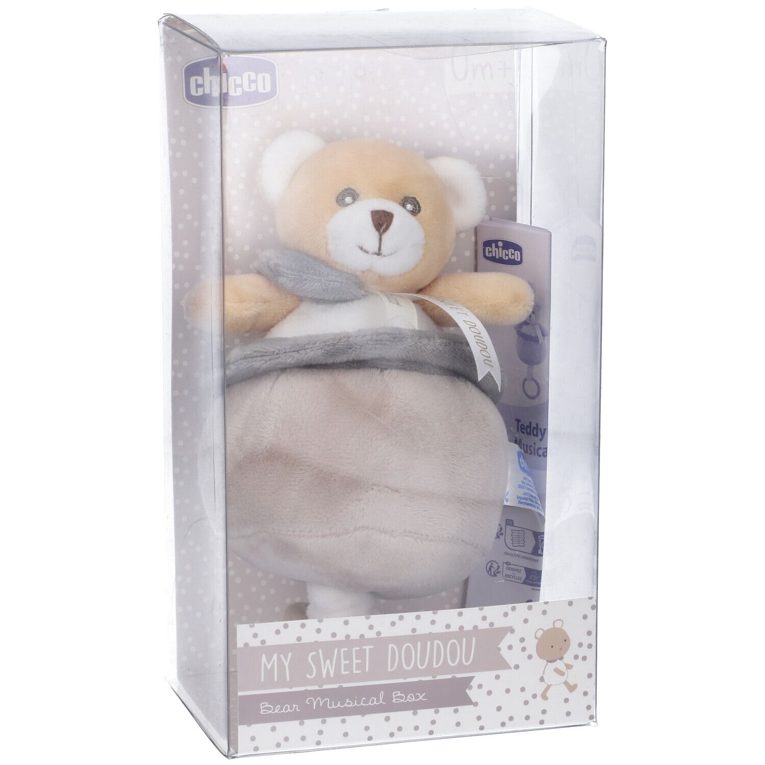 Orsetto Chicco in confezione. Peluche beige e grigio con fiocco. Confezione con scritta "My Sweet Doudou".