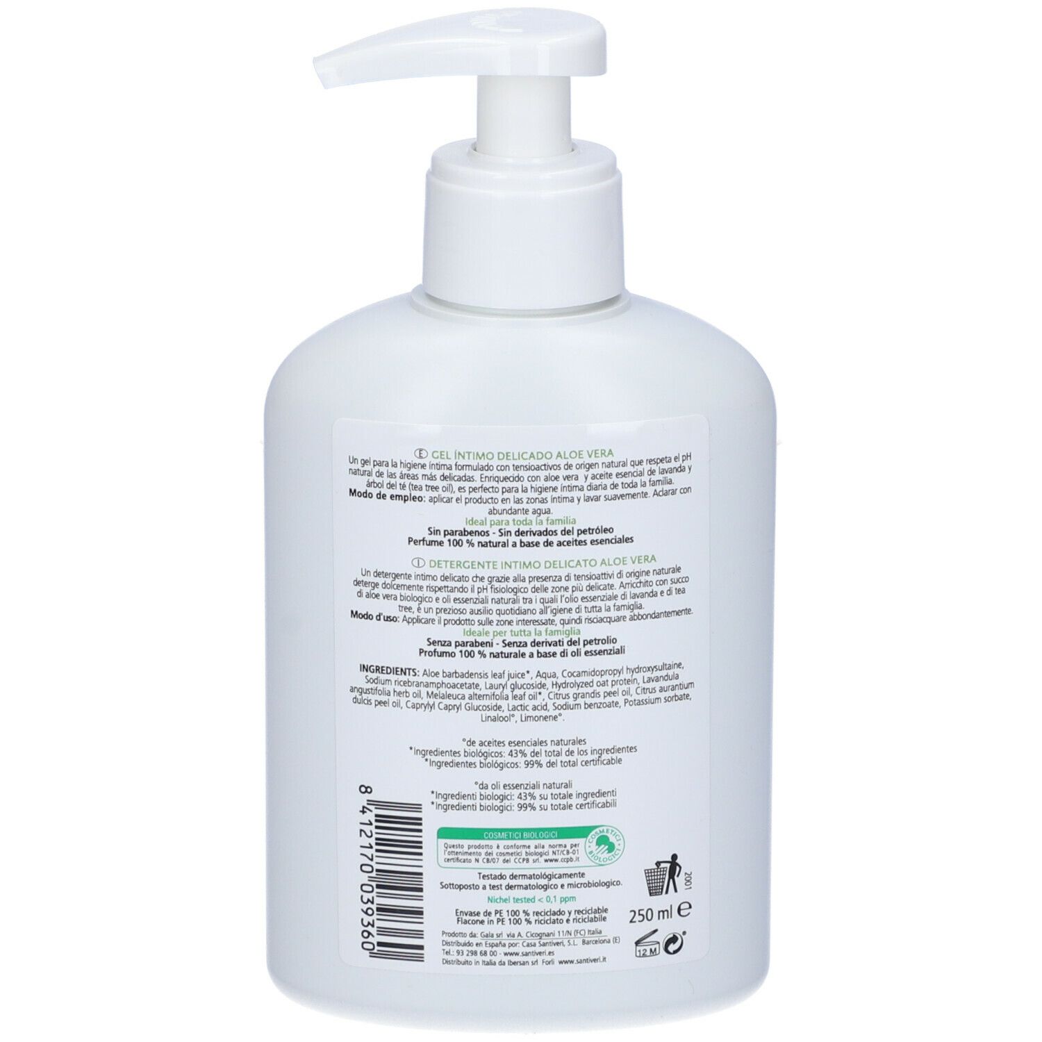 Retro di un flacone bianco con dosatore. Testo e loghi visibili. Scritta: Family Bio Aloe, Gel Intimo Aloe Vera.