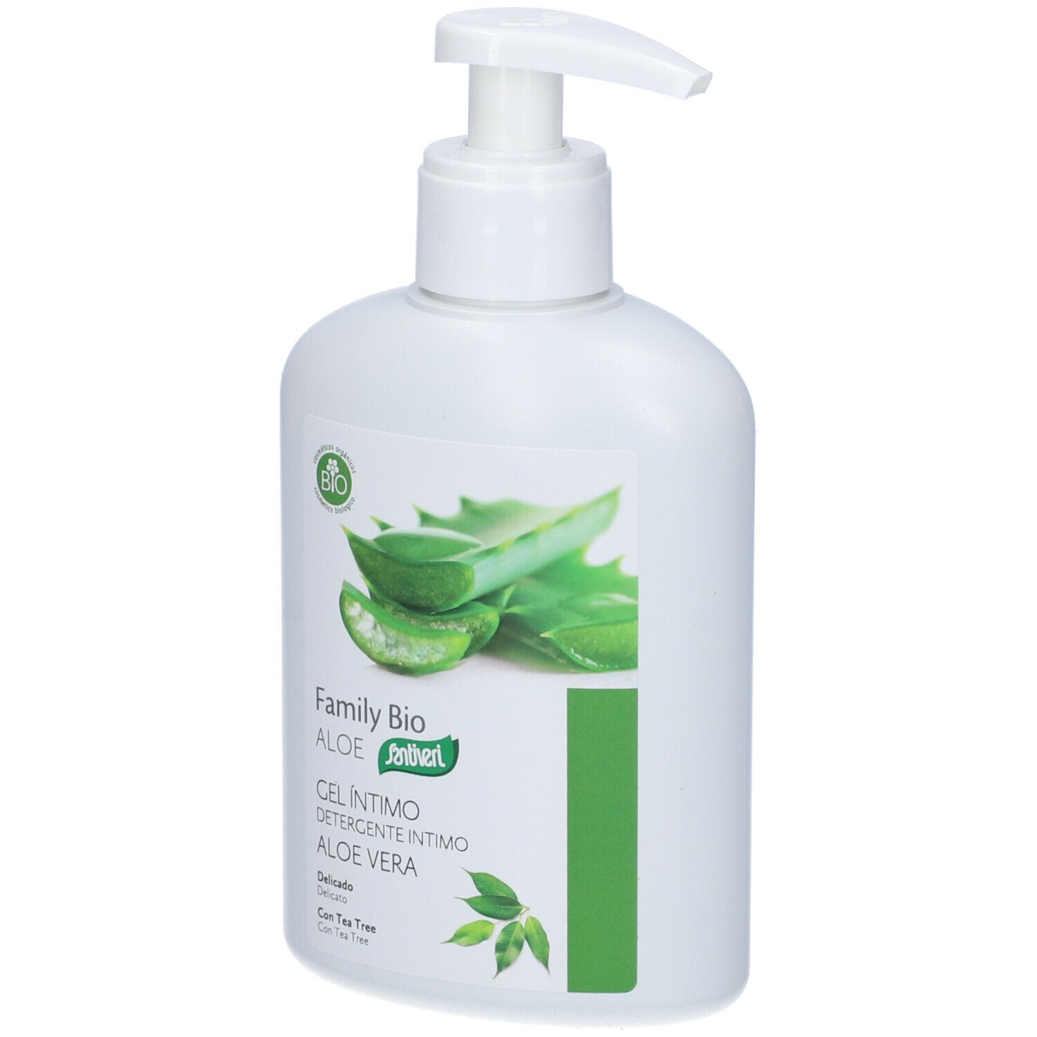Flacone bianco con dosatore. Scritta: Family Bio Aloe, Gel Intimo Aloe Vera. Immagine di foglie di aloe vera.
