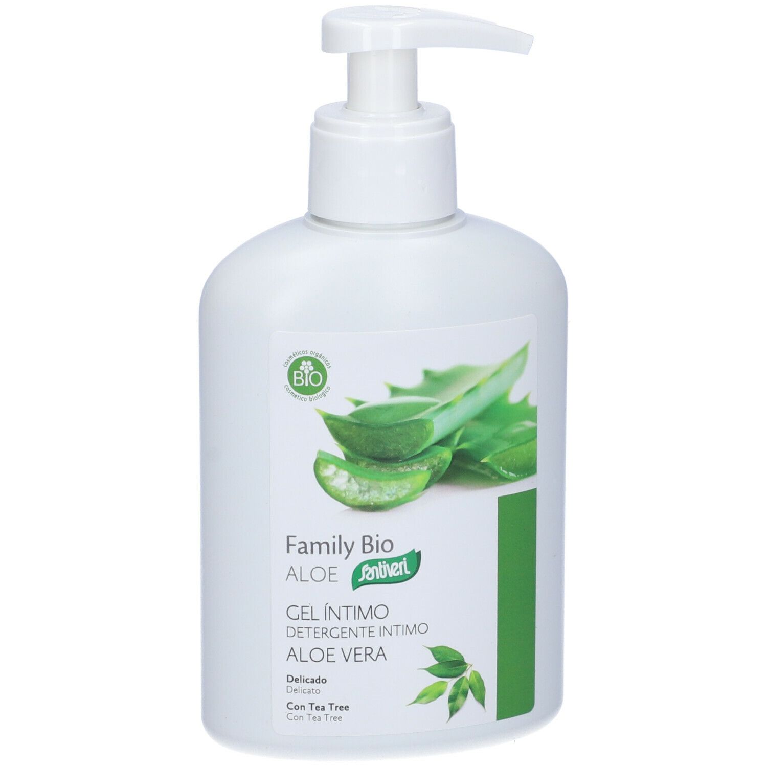 Flacone bianco con dosatore. Scritta: Family Bio Aloe, Gel Intimo Aloe Vera. Immagine di foglie di aloe vera.