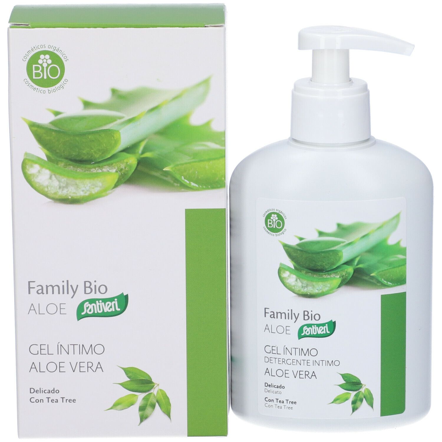 Confezione del prodotto con flacone e scatola. Scritta: Family Bio Aloe, Gel Intimo Aloe Vera. Immagine di foglie di aloe vera.