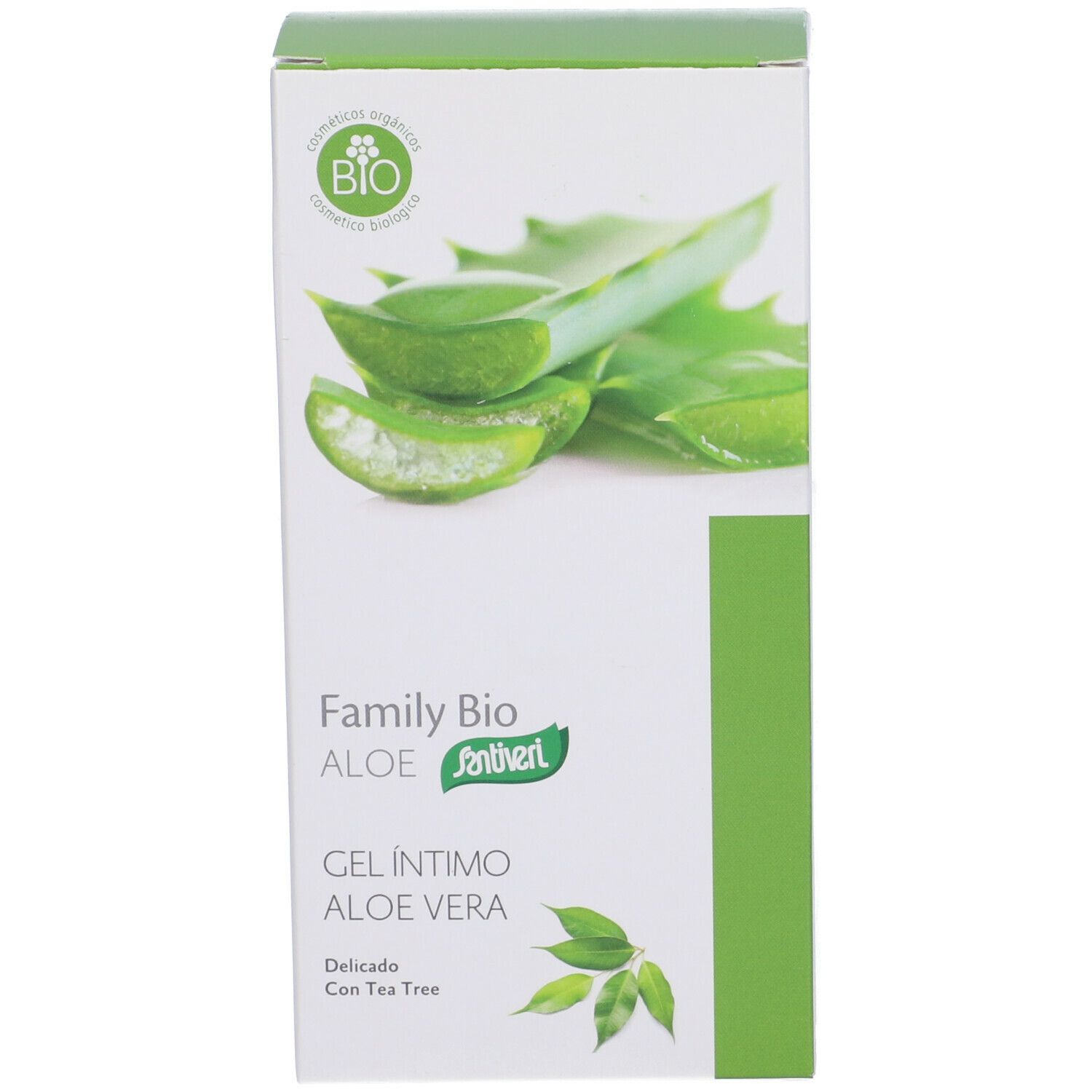 Confezione in cartone. Scritta: Family Bio Aloe, Gel Intimo Aloe Vera. Immagine di foglie di aloe vera.
