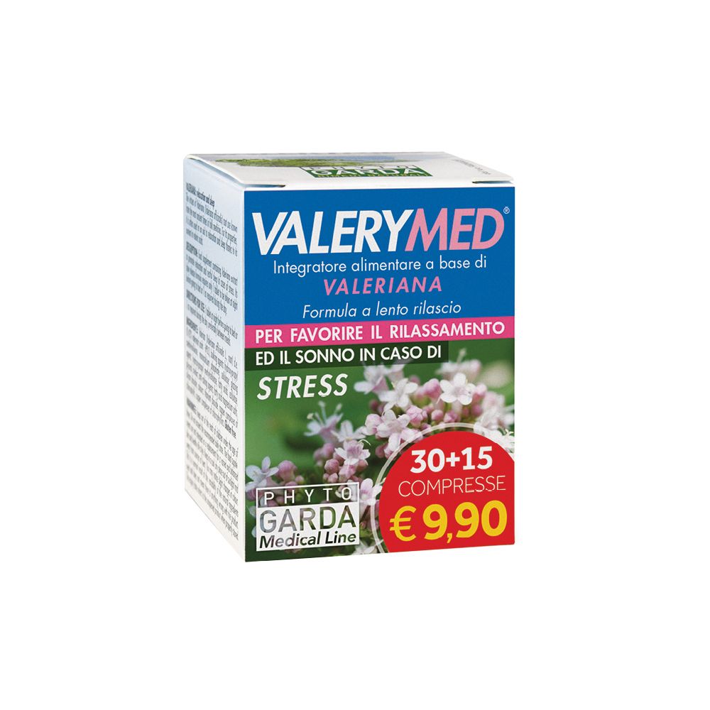 Scatola di integratore alimentare VALERYMED a base di valeriana. Contiene 30+15 compresse. Prezzo: 9,90 €.