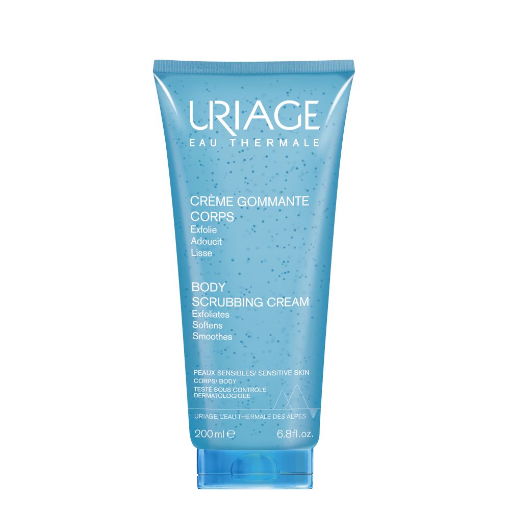 Tubo azzurro con logo URIAGE e nome del prodotto. Testo: Crème Gommante Corps, Body Scrubbing Cream. 200ml.