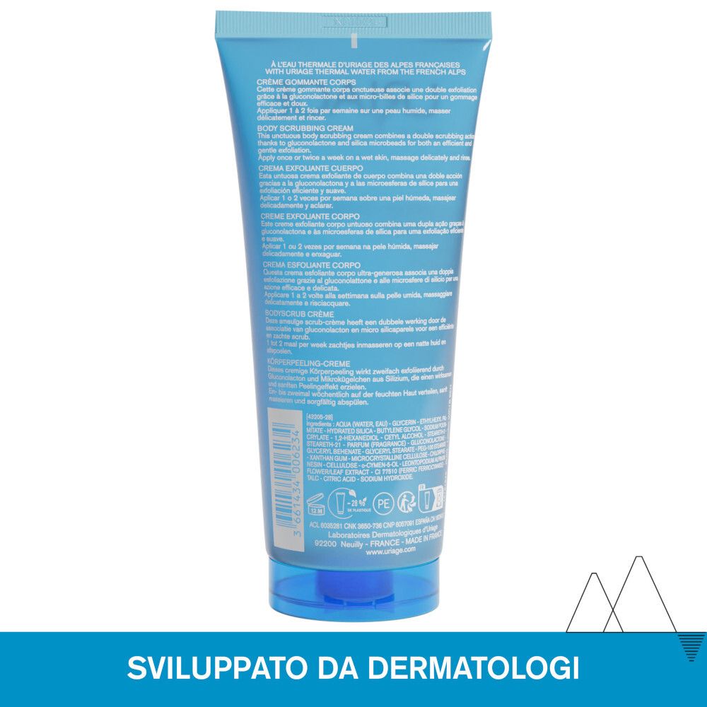 Retro del tubo azzurro. Testo in più lingue, tra cui francese, inglese e italiano. Contiene informazioni sul prodotto.