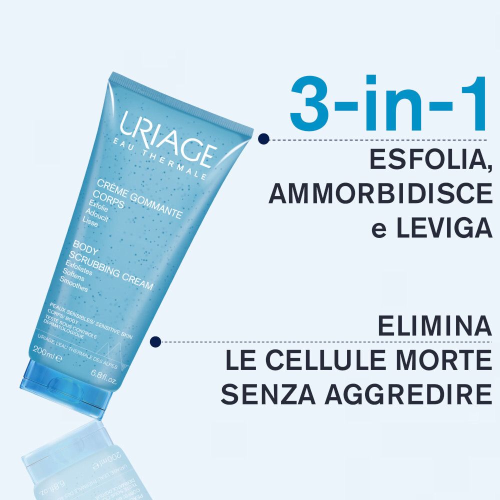 Tubo azzurro con testo: 3-in-1, Esfolia, Ammorbidisce e Leviga, Elimina le cellule morte senza aggredire. 200ml.