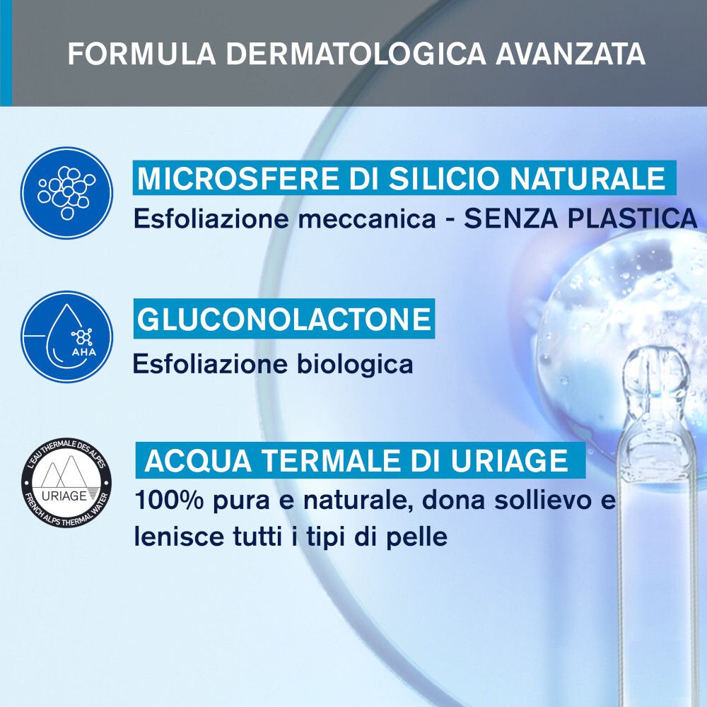 Grafico con informazioni sugli ingredienti: Microsfere di Silicio Naturale, Gluconolattone, Acqua Termale di Uriage.