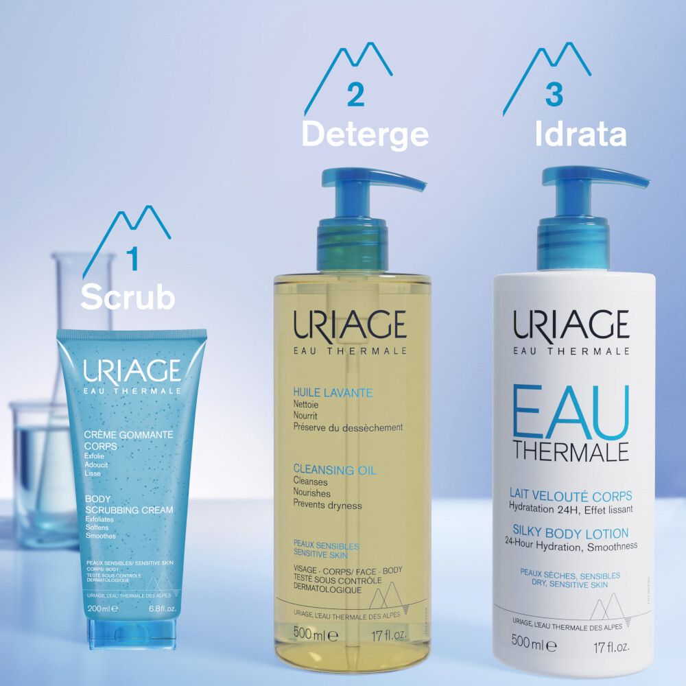 Tre prodotti affiancati: Crème Gommante Corps, Huile Lavante, Lait Velouté Corps. Didascalie: 1. Scrub, 2. Deterge, 3. Idrata.