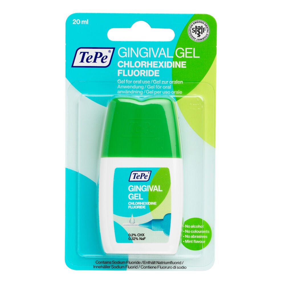 Gel Gingival TePe in confezione blister. Flacone bianco-verde con tappo verde. Scritta: Gingival Gel, Chlorhexidine Fluoride.