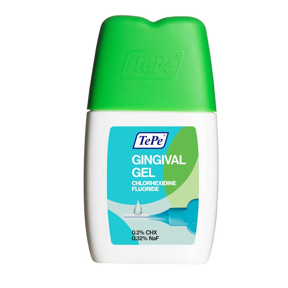 Gel Gingival TePe, flacone bianco-verde con tappo verde. Scritta: Gingival Gel, Chlorhexidine Fluoride. Illustrazione goccia.