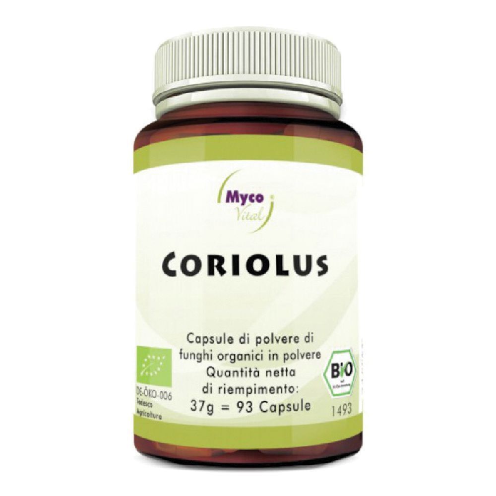 Flacone marrone con capsule. Scritta: Coriolus, Myco Vital. Sigillo bio. 93 capsule.