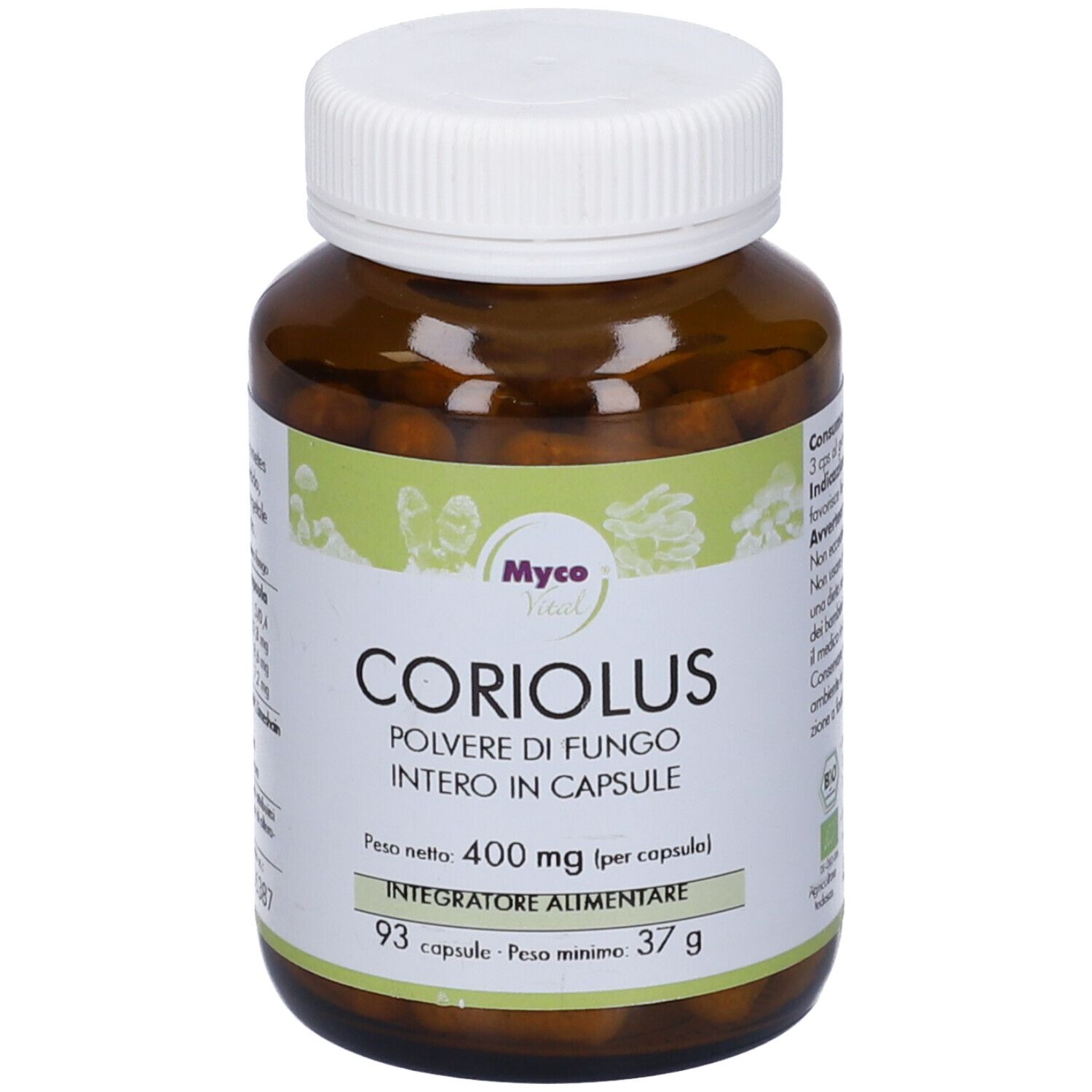 Flacone marrone con capsule. Scritta: Coriolus, Myco Vital. 93 capsule, 37g.