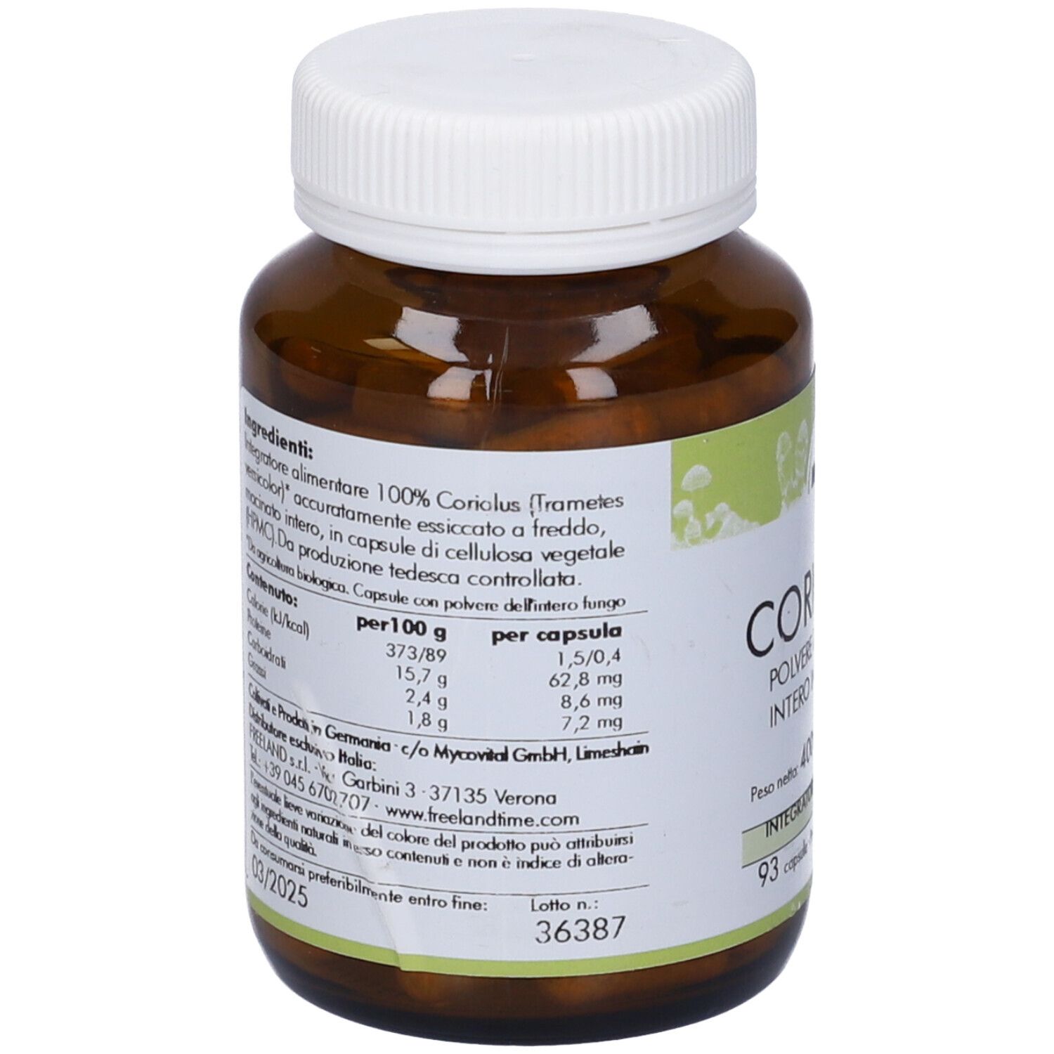 Retro del flacone marrone. Testo: ingredienti, informazioni nutrizionali, produttore, numero di lotto, scadenza.