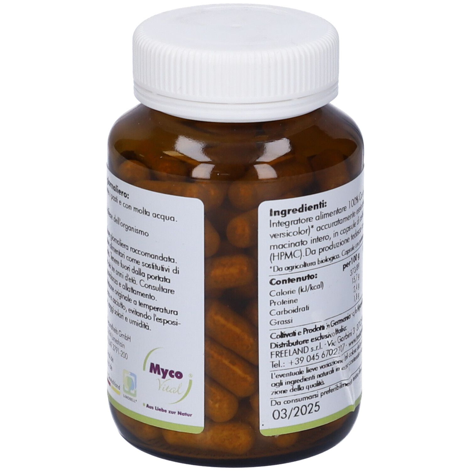 Retro del flacone marrone con capsule. Testo: ingredienti, informazioni nutrizionali, produttore, scadenza.