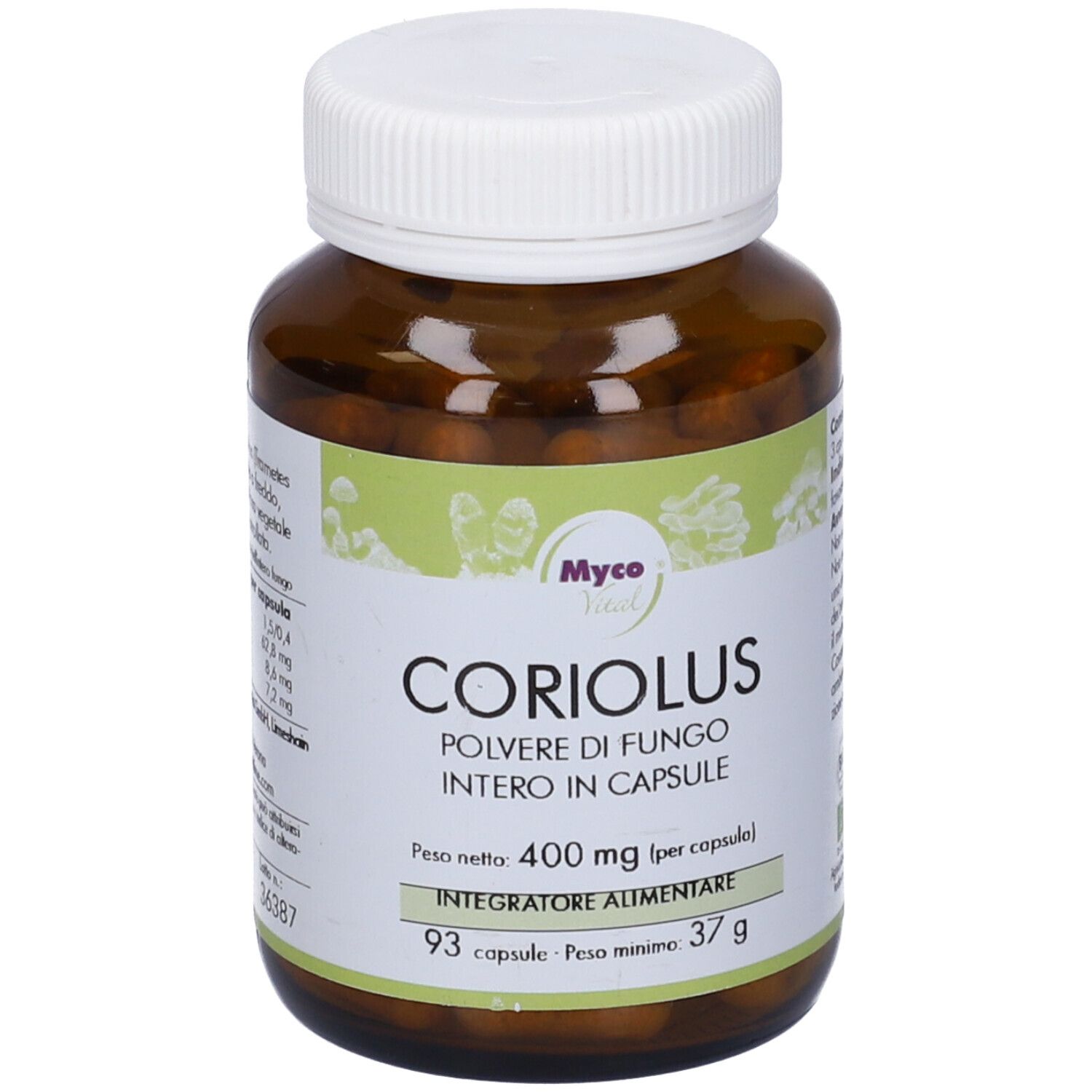 Flacone marrone con capsule. Scritta: Coriolus, Myco Vital. 93 capsule, 37g.